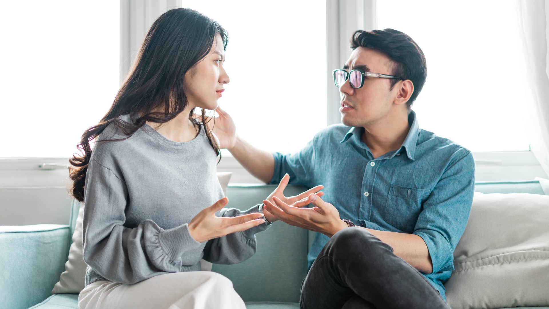 woman in gray shirt complaining why can't you be more like this person to man