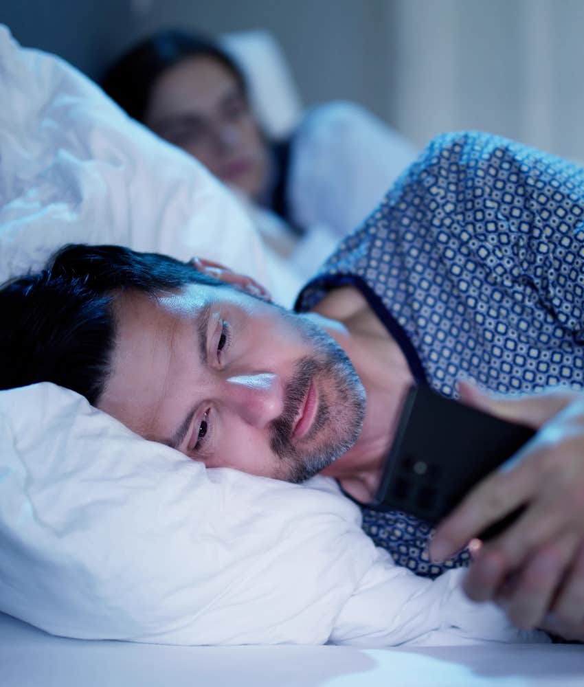 Person uses technology in bed