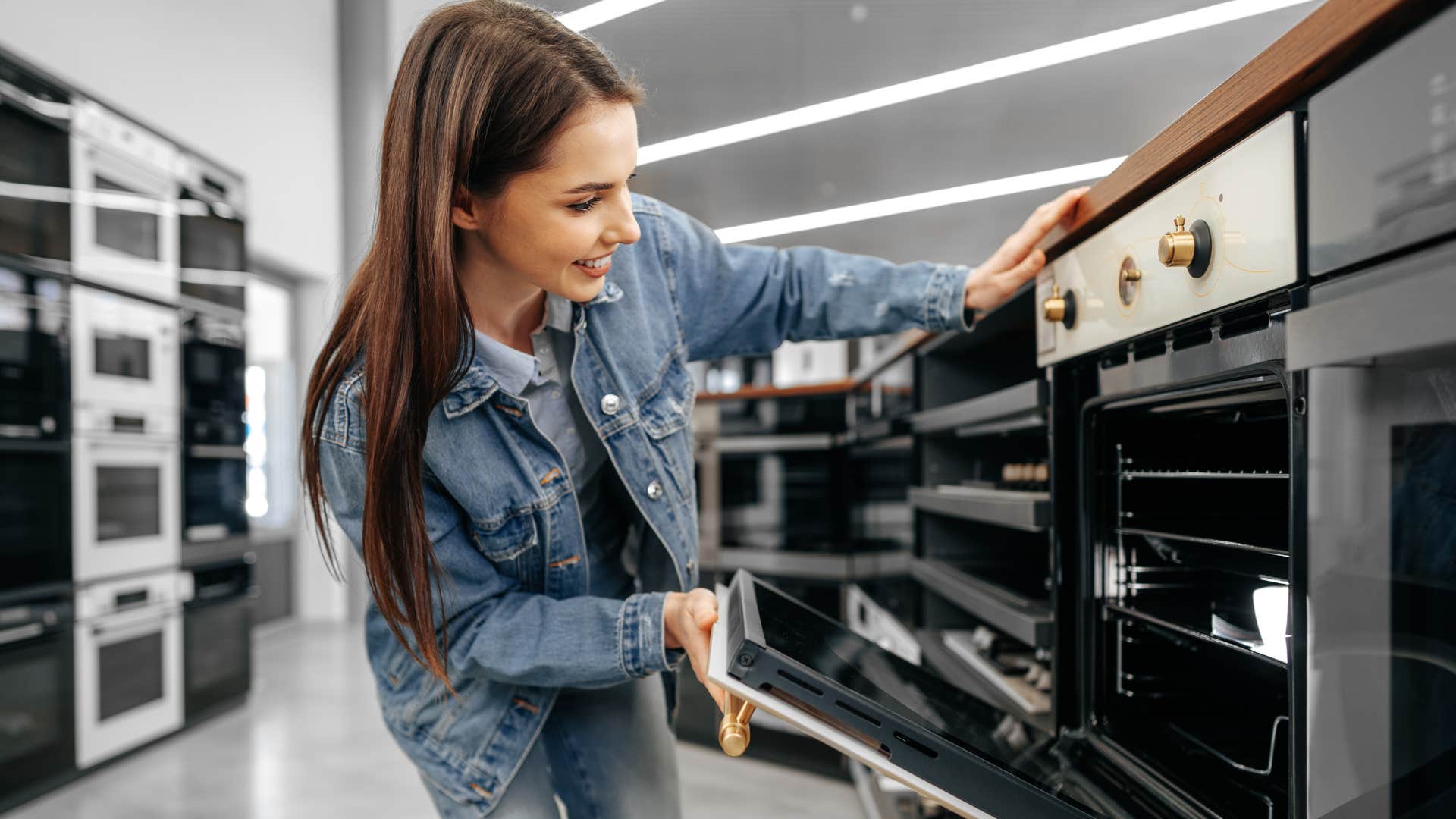 Woman looking at furniture and appliances in a store.