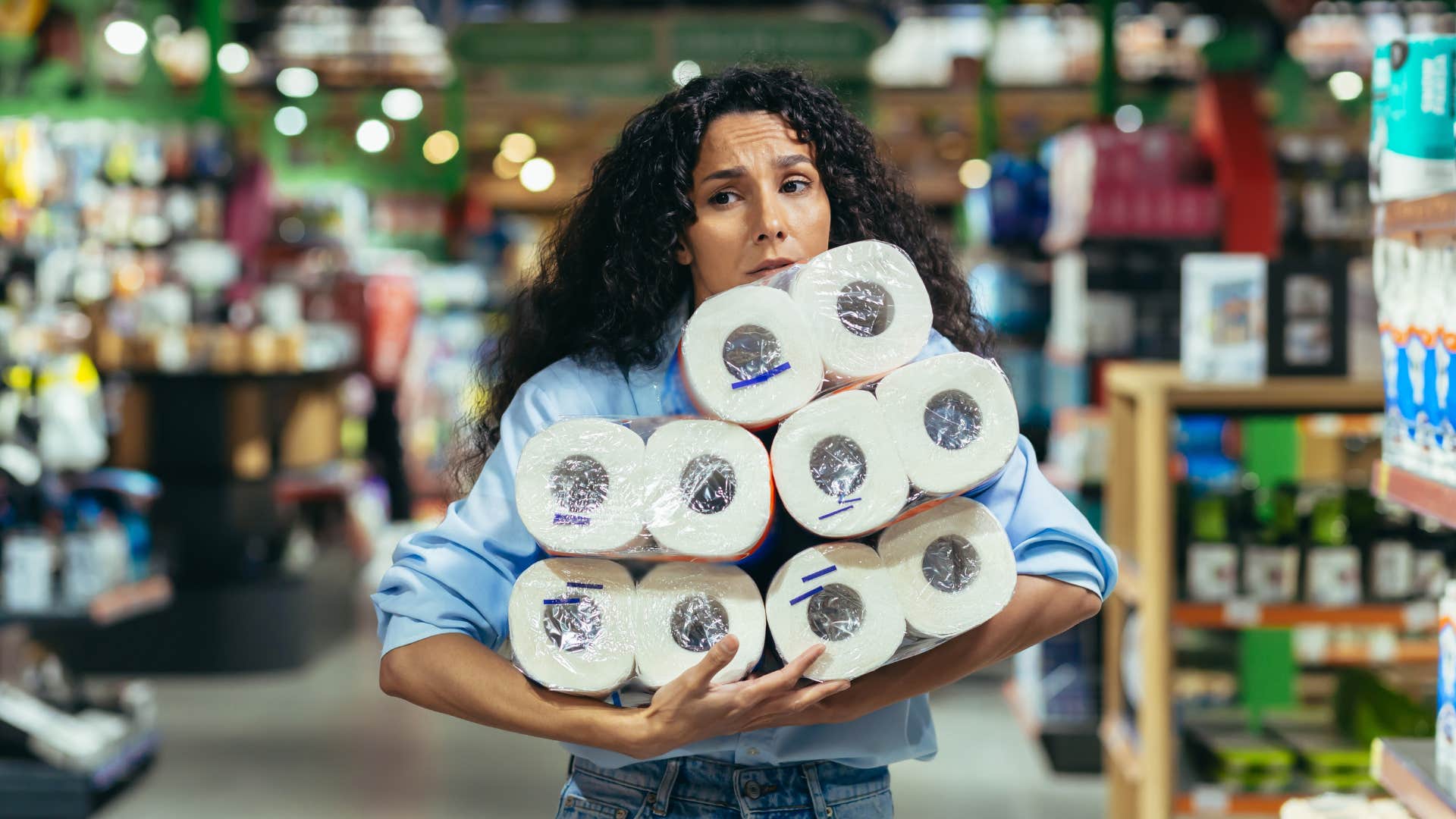 frugal woman buying products in bulk at grocery store