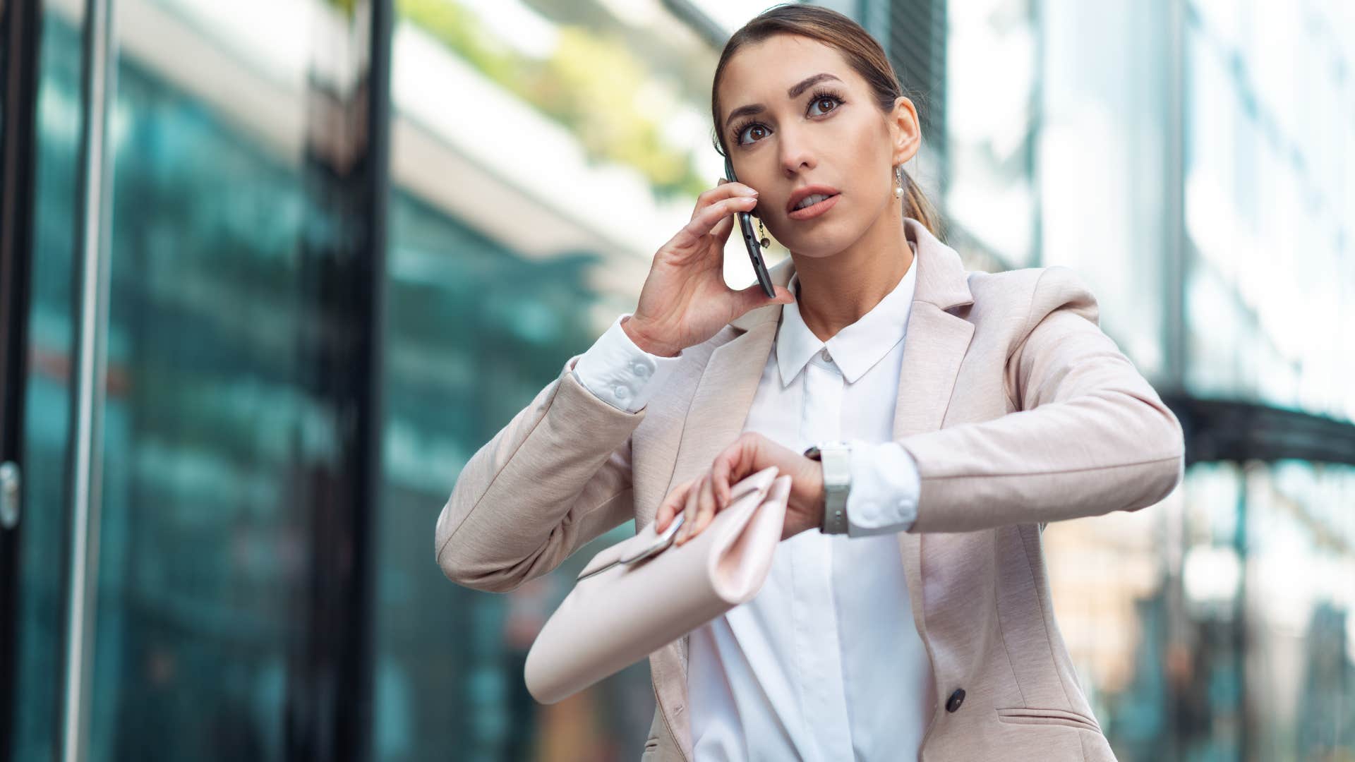 Woman who's always running late walking to work.