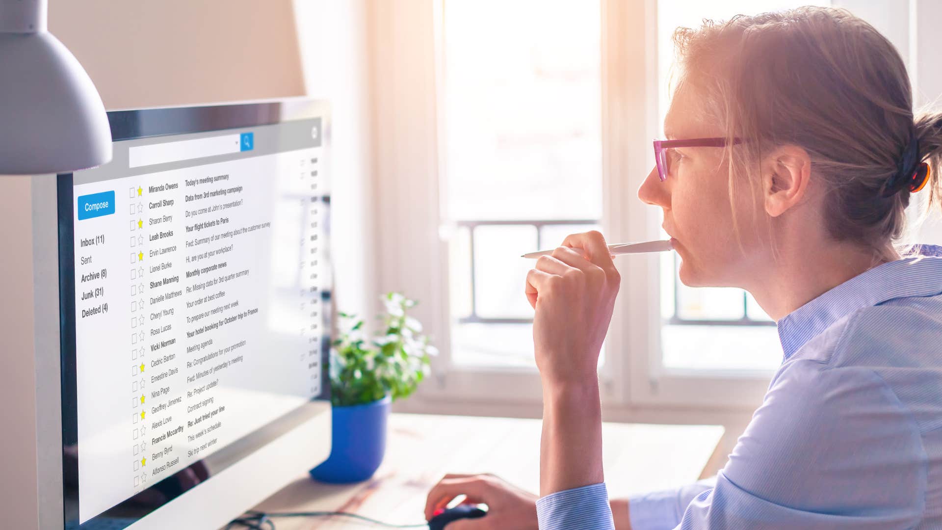 a woman checks her emails after not doing so for a while