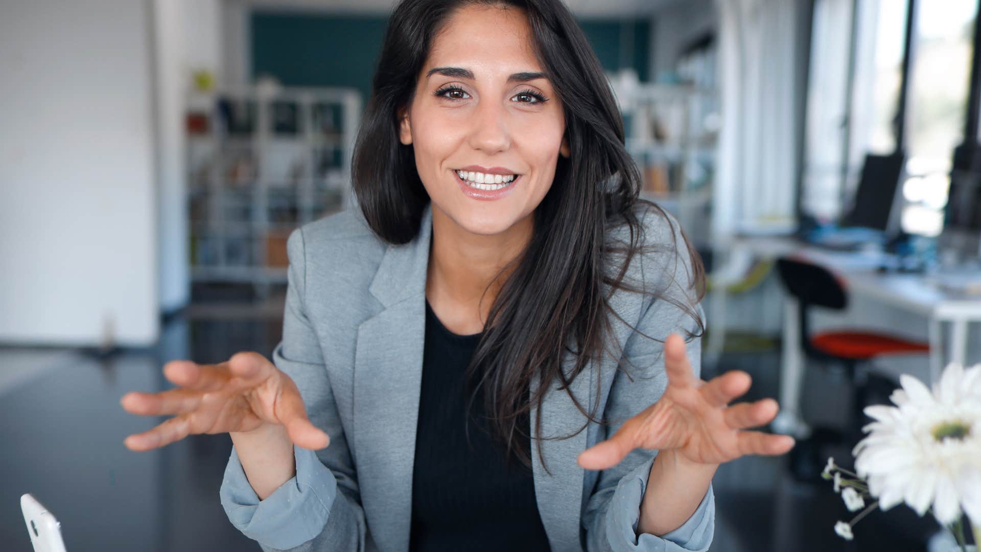 woman speaking with ease to camera