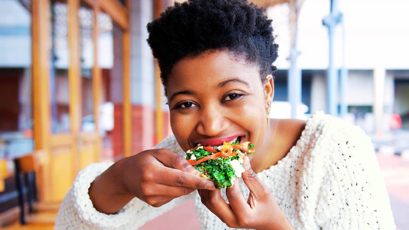 Woman who is truly happy finding meaning 