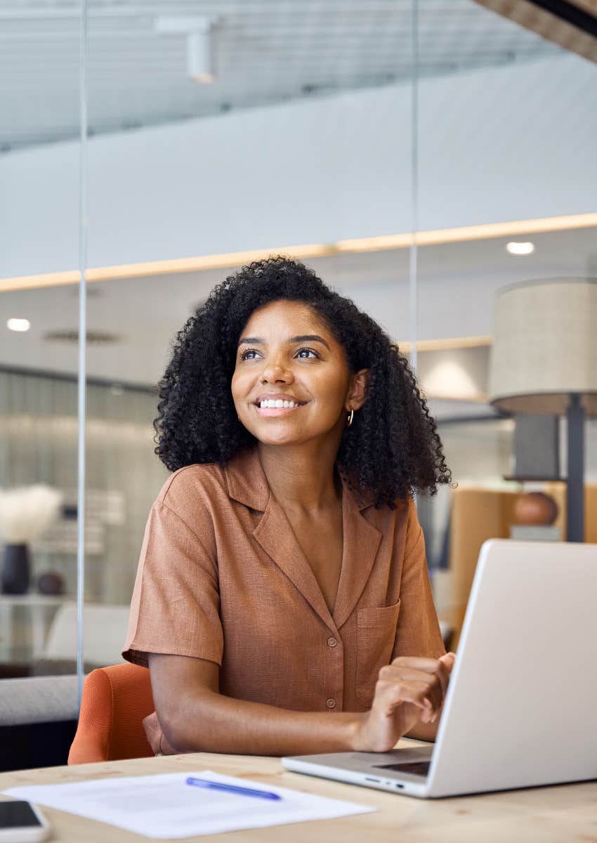 office worker happy with work life balance