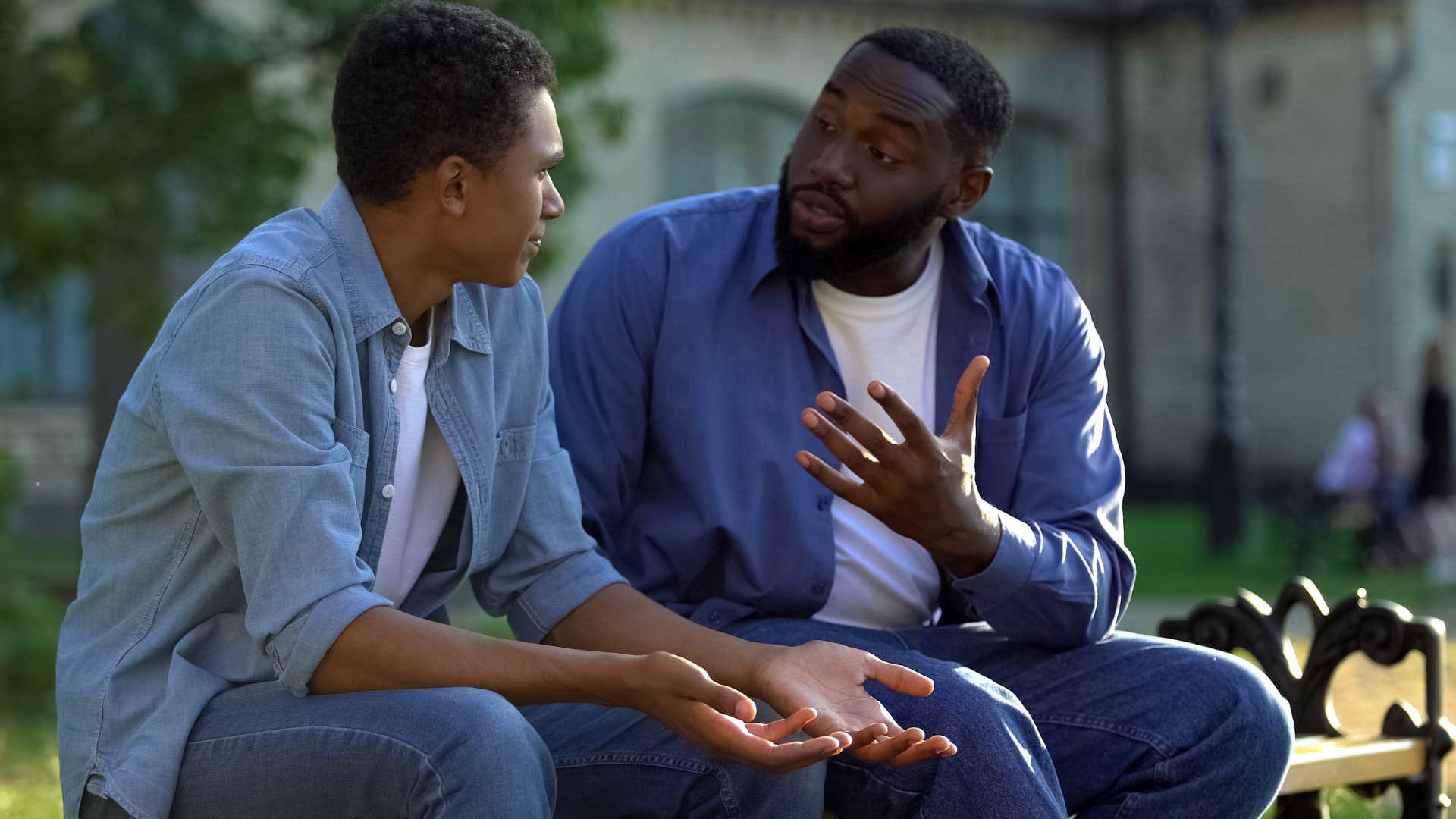 Man saying "we have different ideas about success" to his dad.
