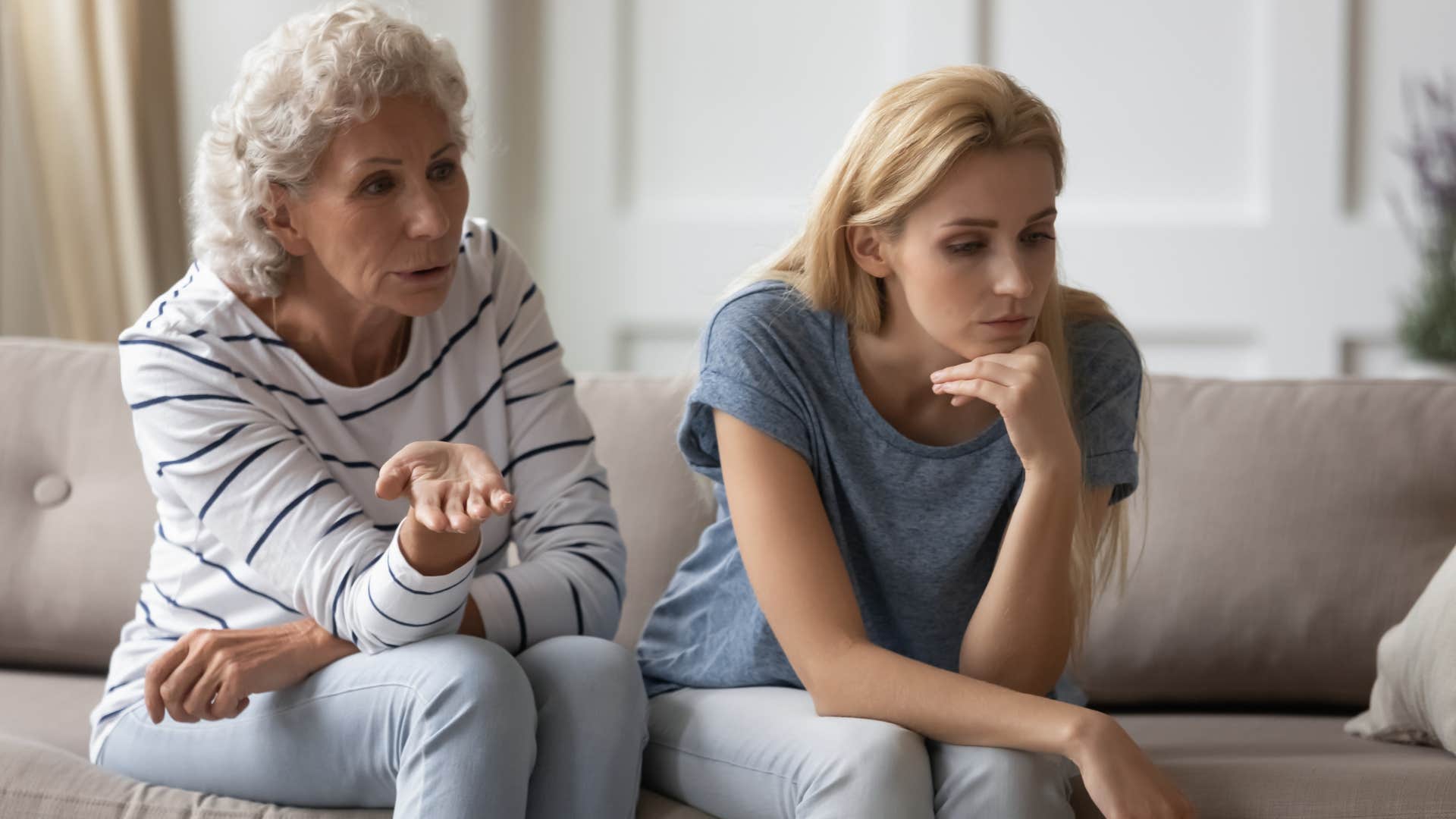 Woman saying "I'm not looking for advice" to her older mother.