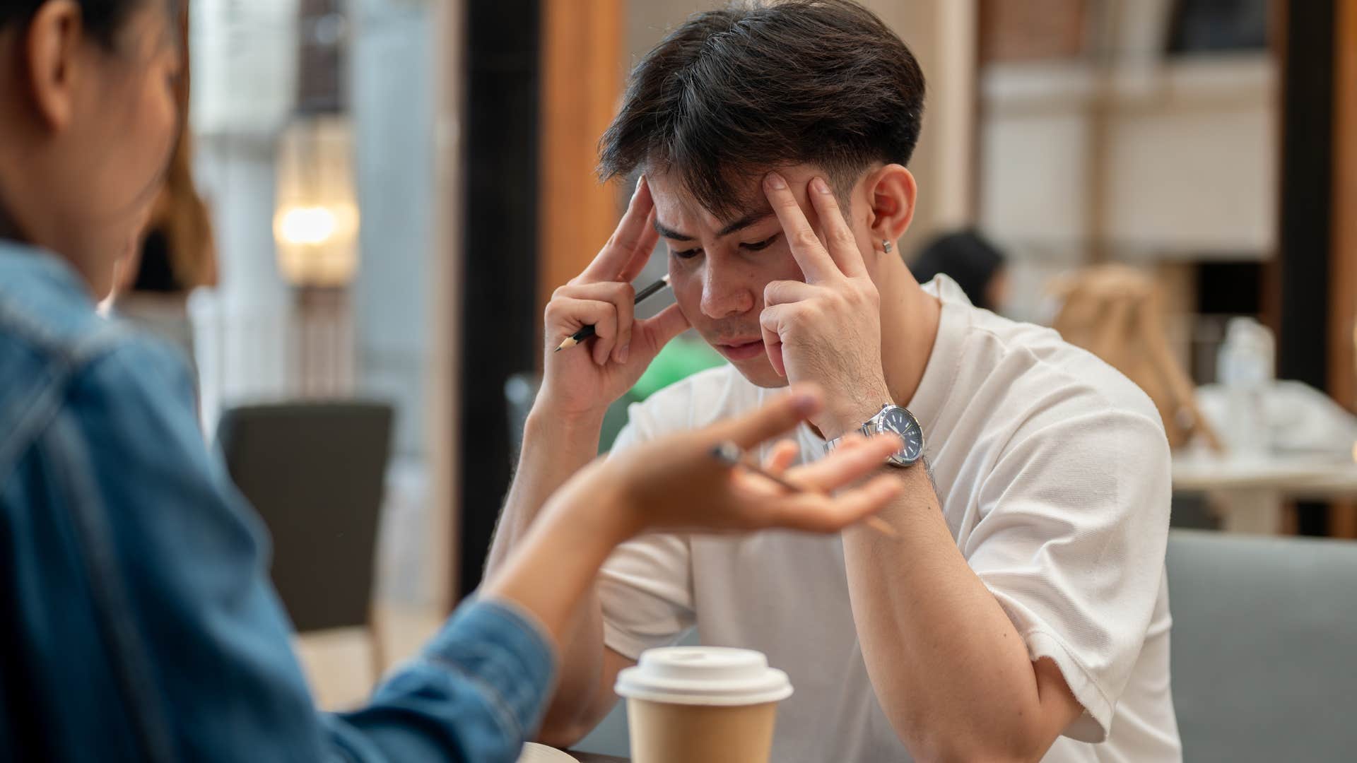 entitled man telling upset friend you're lucky I'm even here