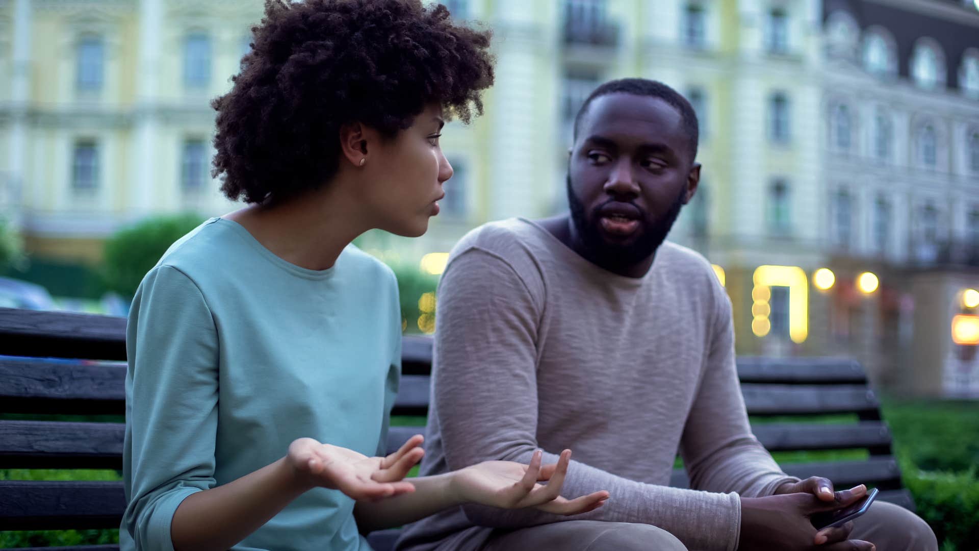 entitled woman telling partner that's not fair