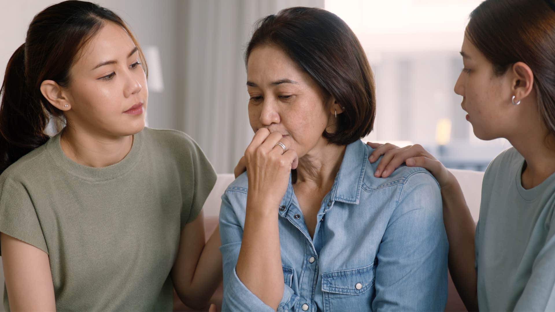 daughters comforting narcissistic mom who makes everything about herself