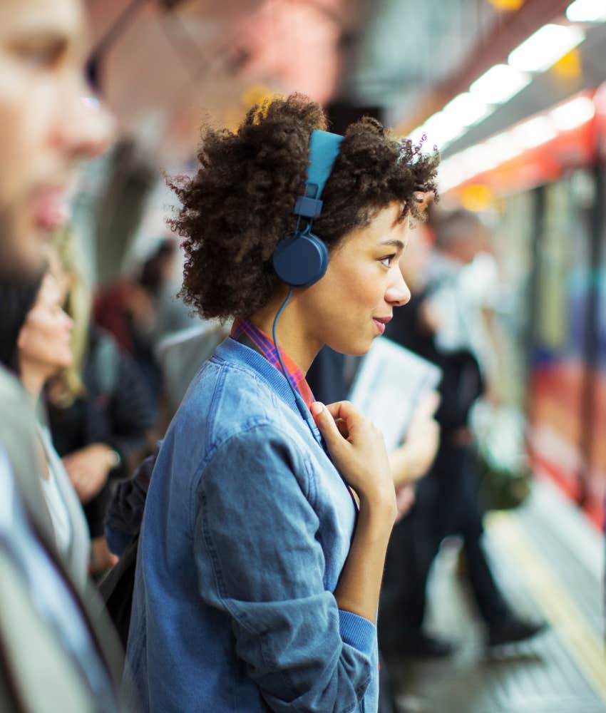 Happy person listens to music after date