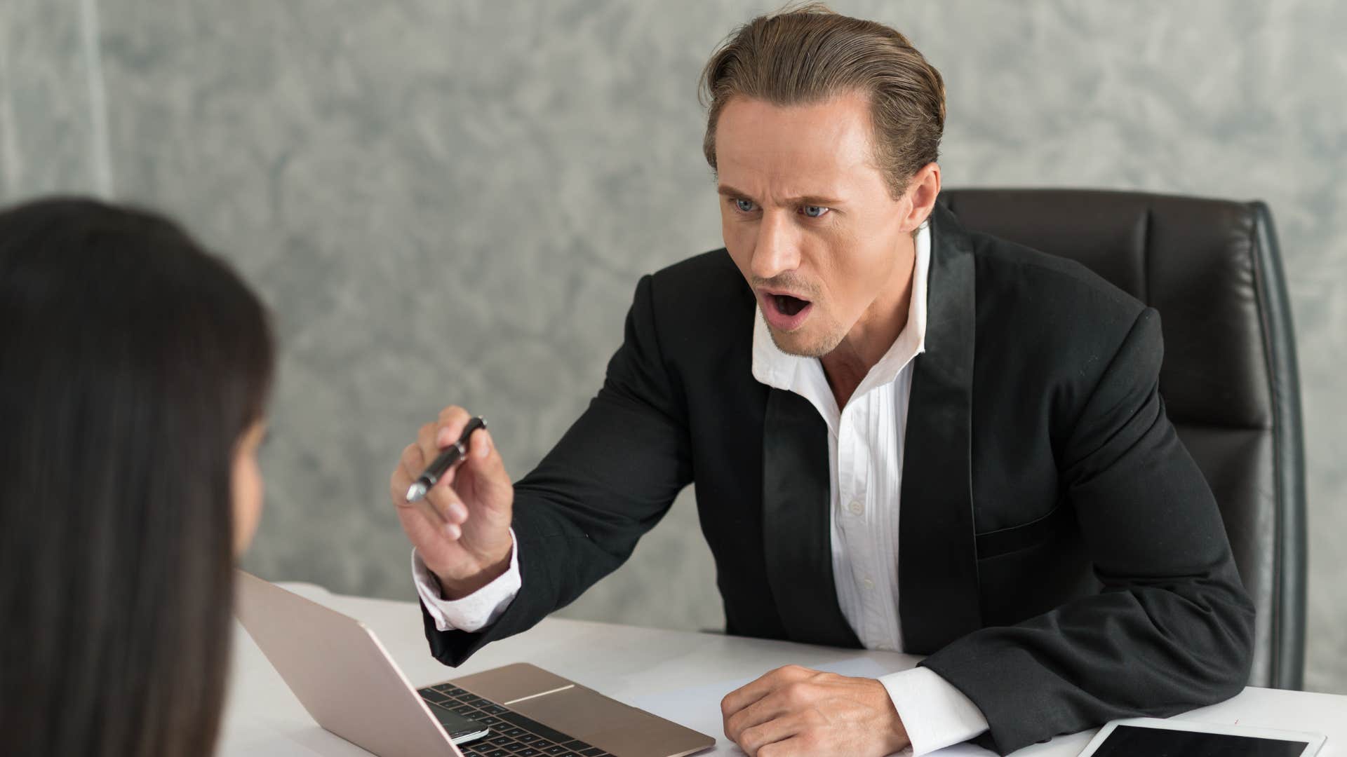 Man who believes men are better suited for leadership yelling at a peer.