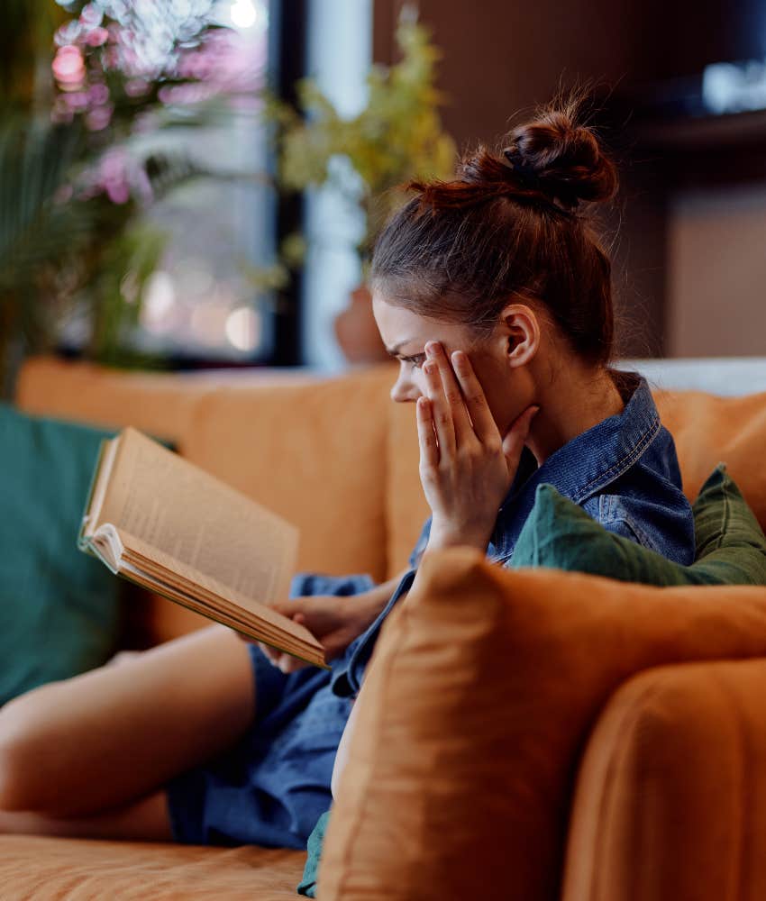 woman binge-reading to de-stress