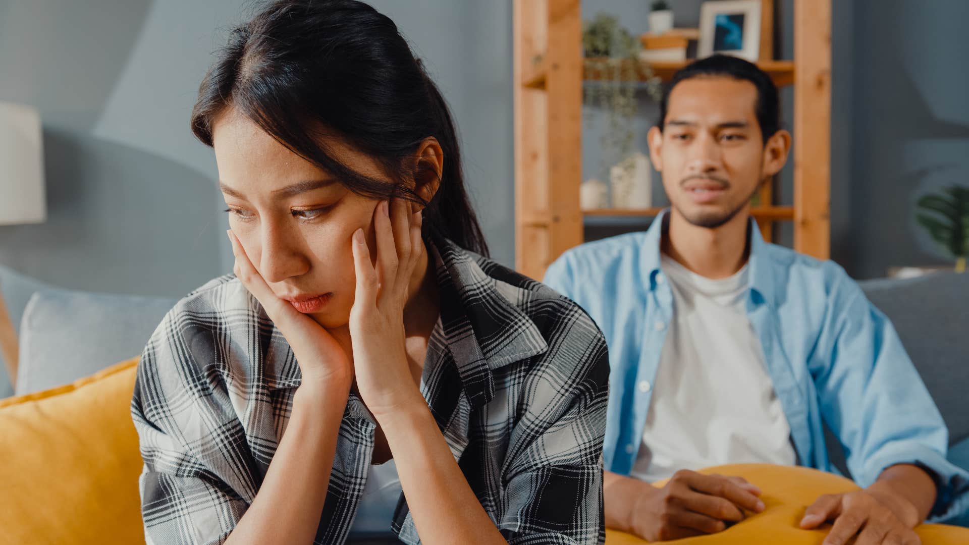 husband telling upset wife he doesnt care what she thinks