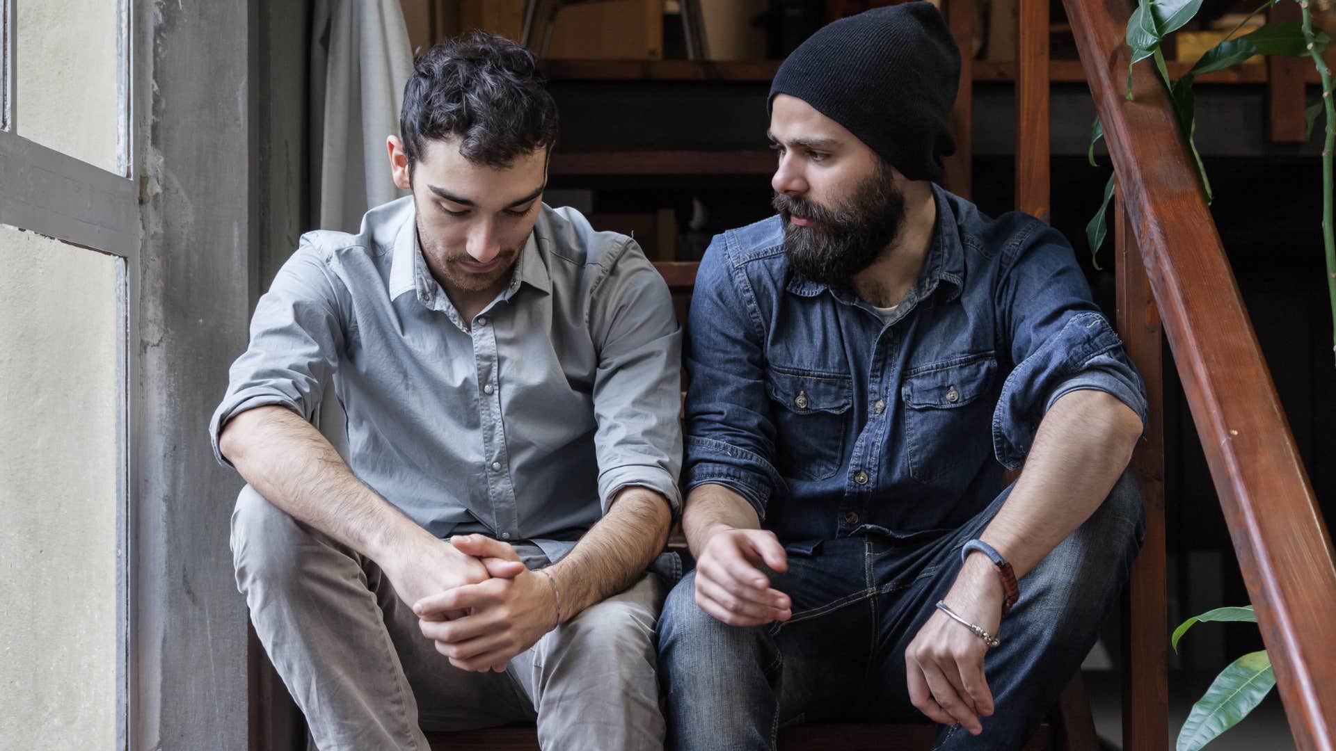 man complaining to friend about his wife saying she's really let herself go