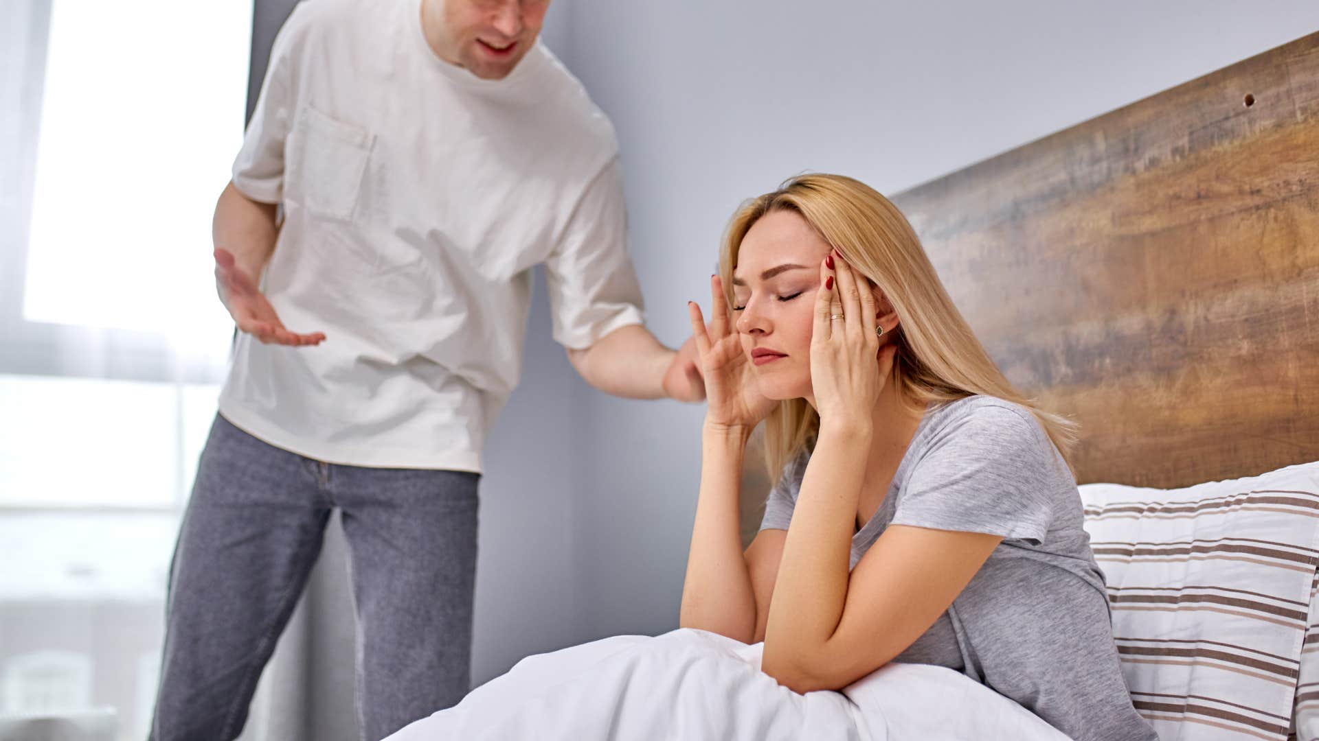 man saying she just lounges around all day to his upset wife