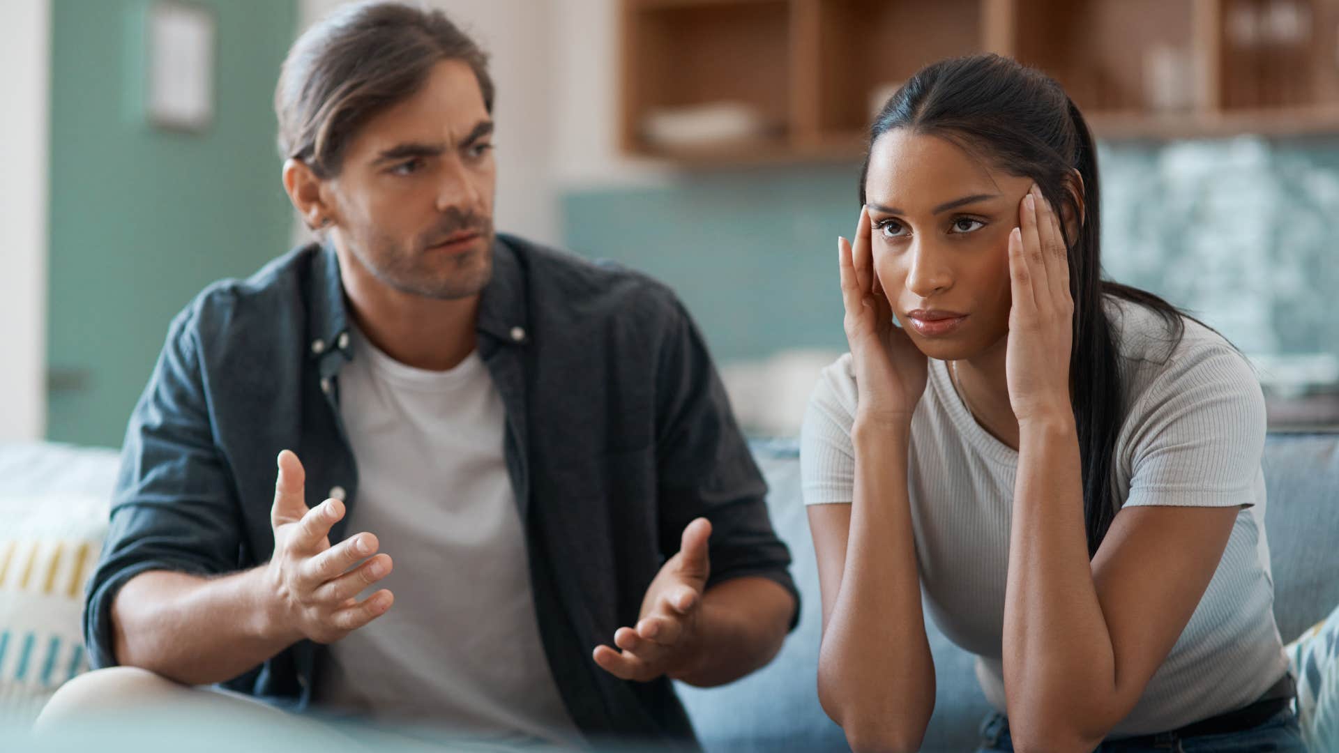 woman annoyed by husband saying you just dont care