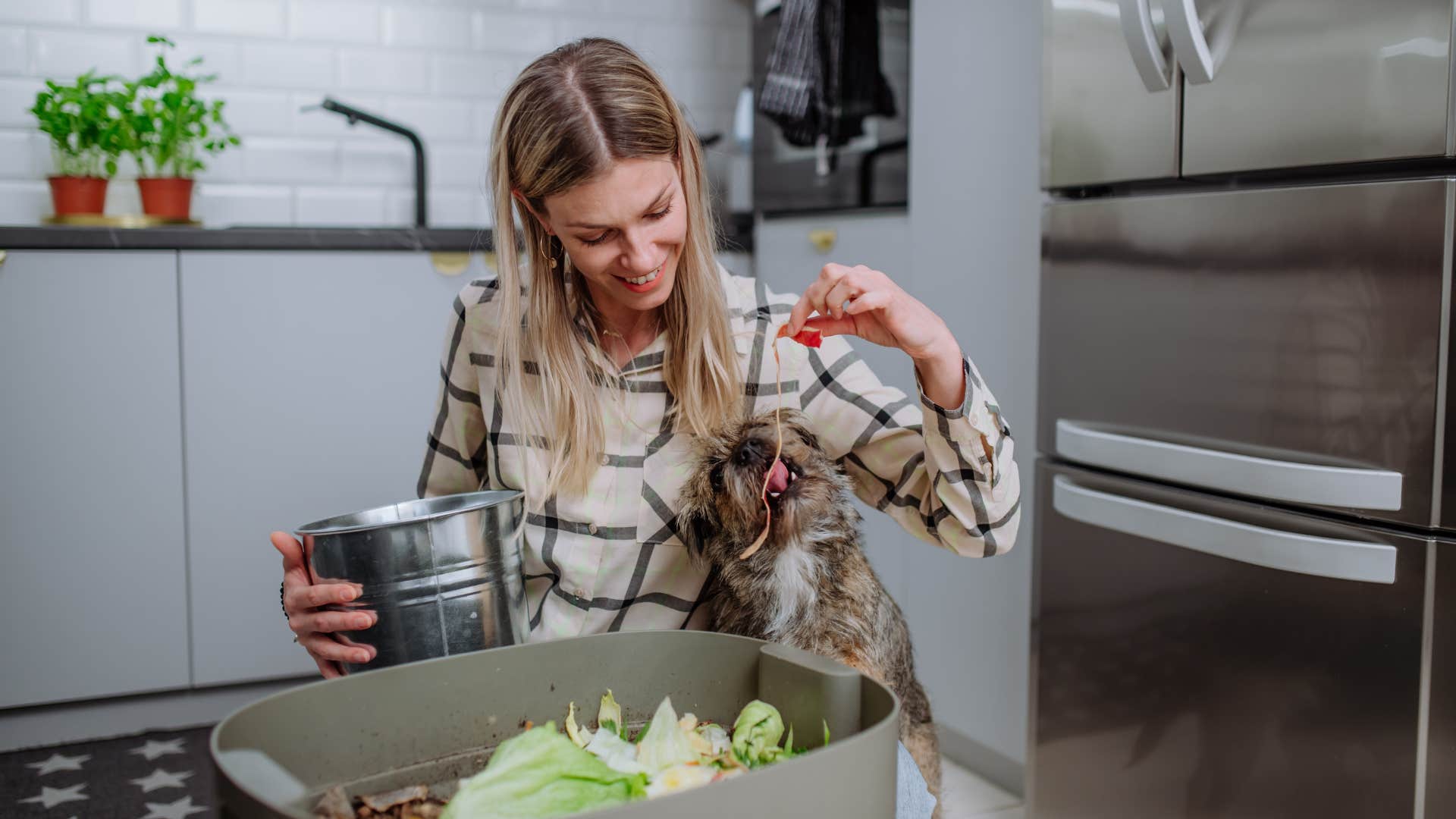 young woman using food scraps not wasting anything