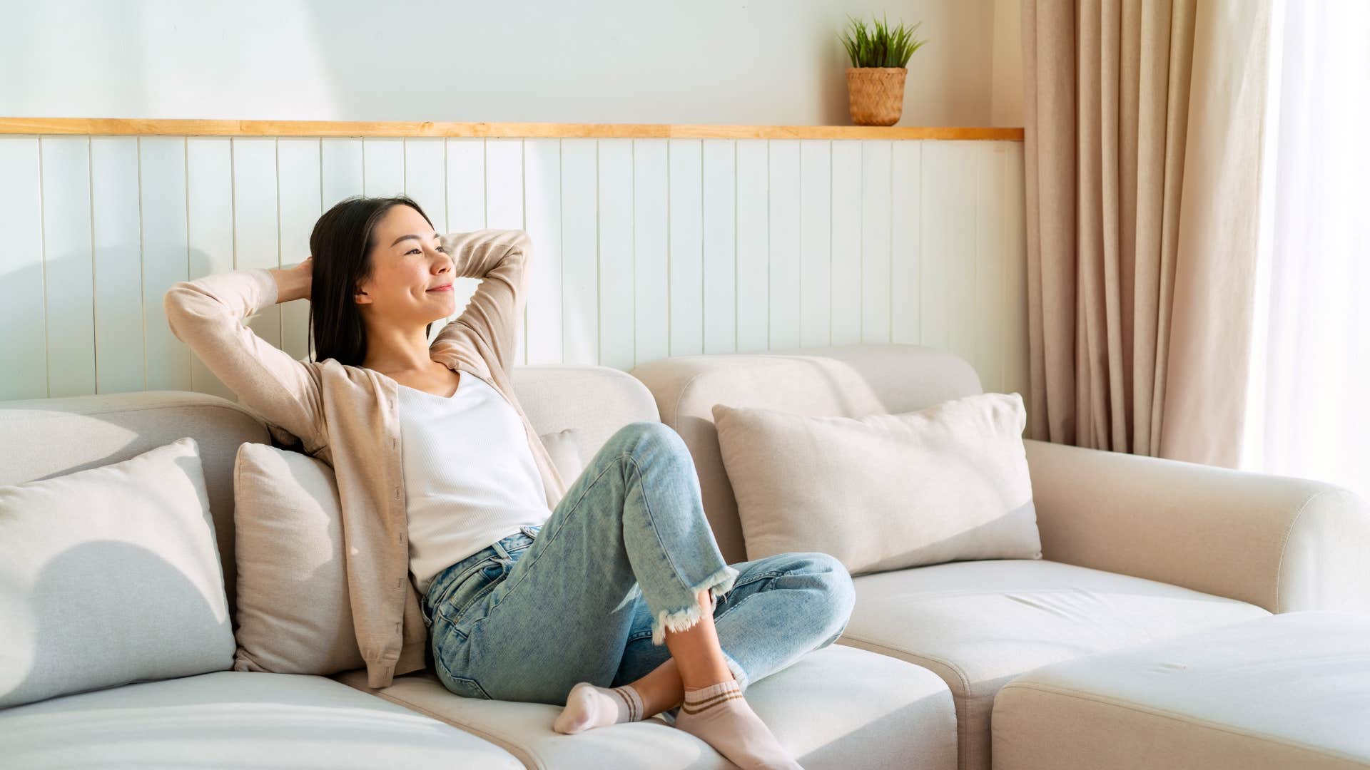 woman who is more relaxed than everyone else as she accepts what she is feeling