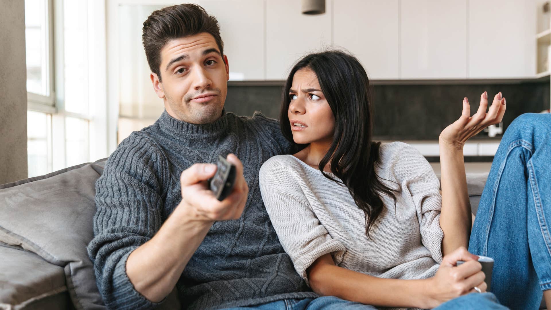 Man saying "I'm just telling it like it is" to his upset wife.