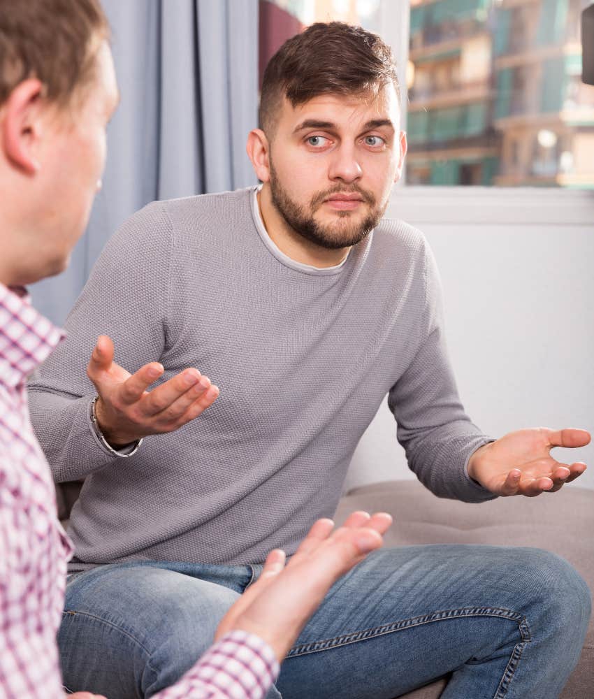 man telling his friend he has no secrets from his wife including his