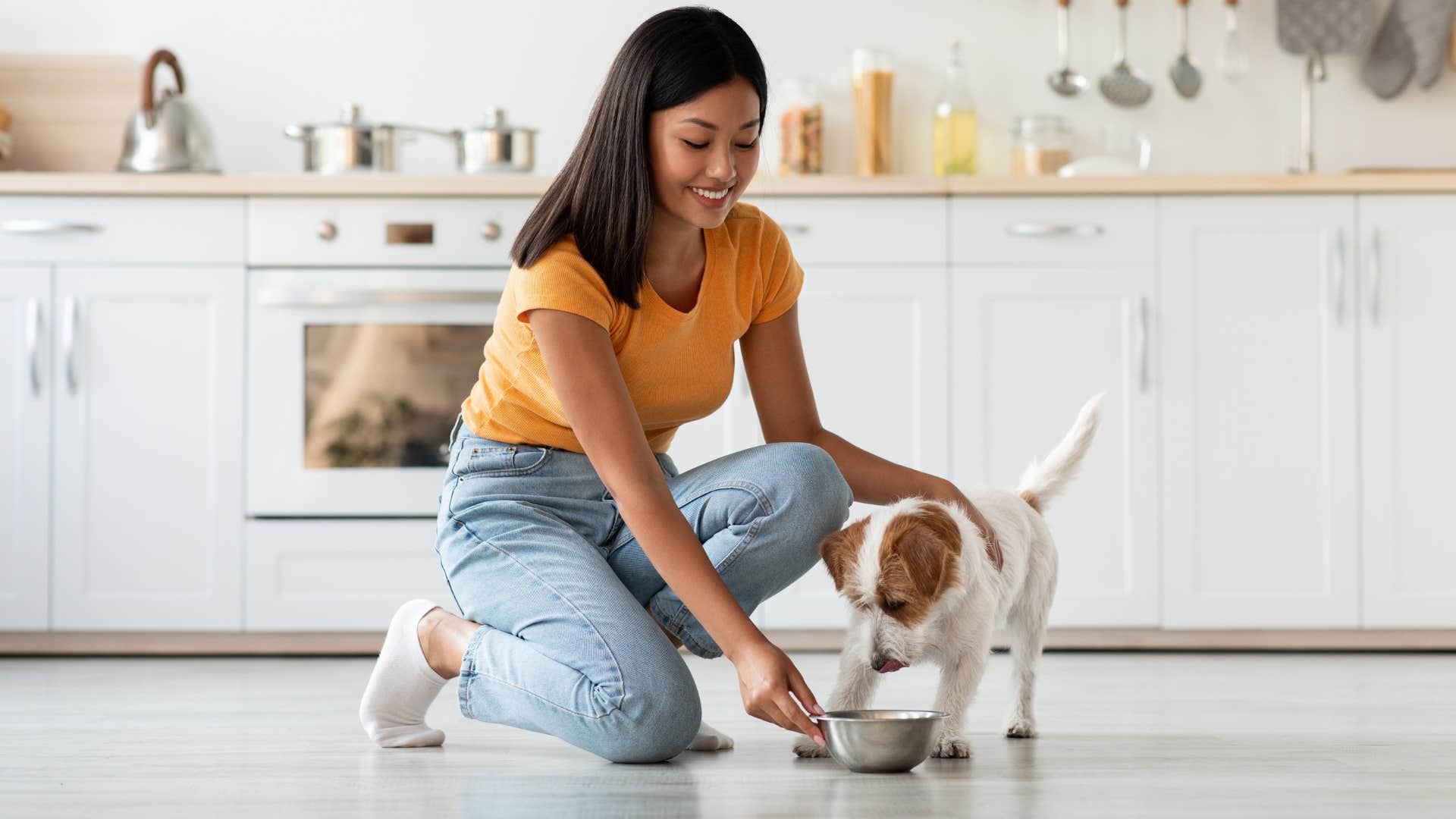 woman feeding her dog