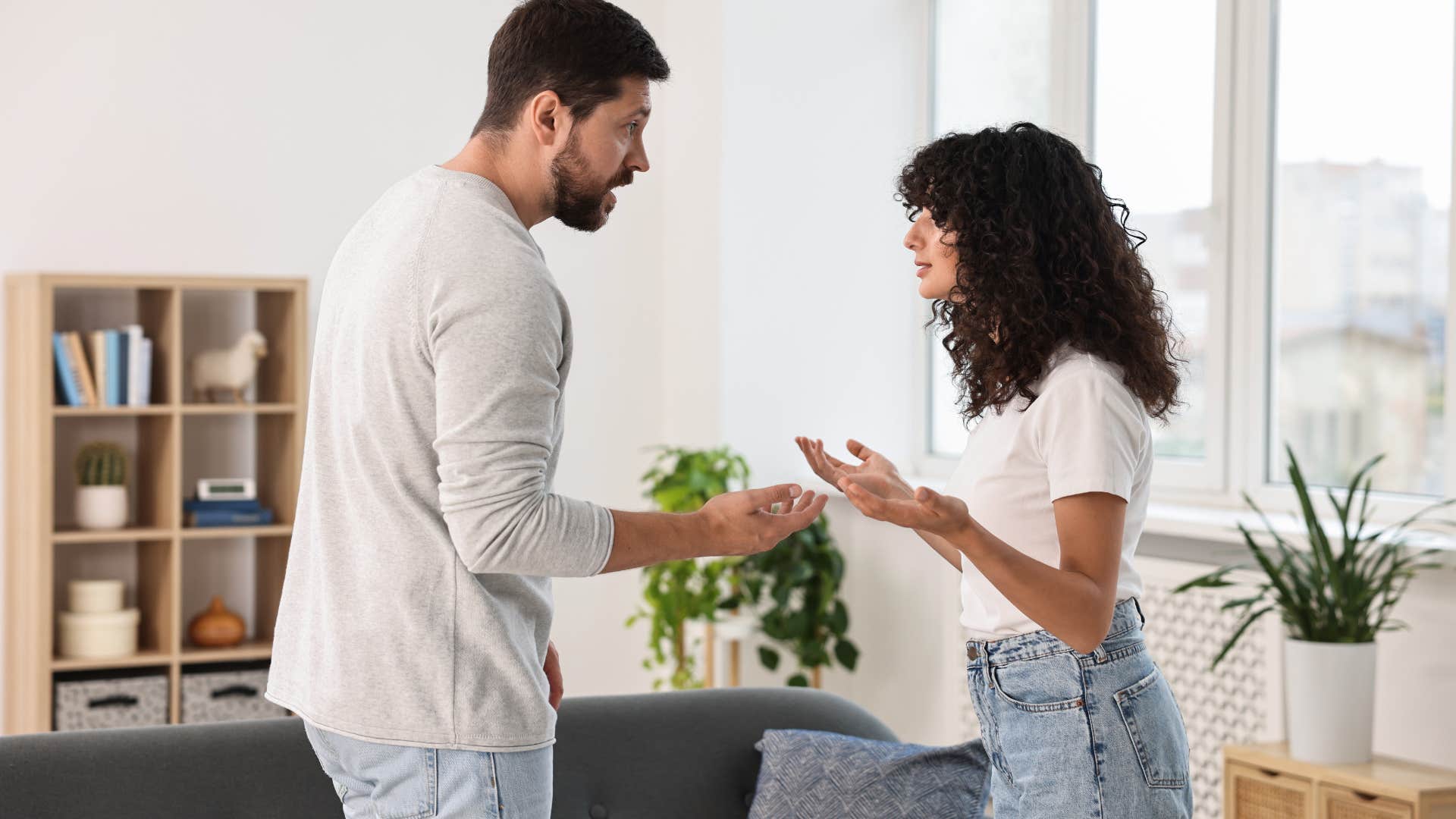 couple who are in unhealthy relationship as man subconsciously uses the phrase you always