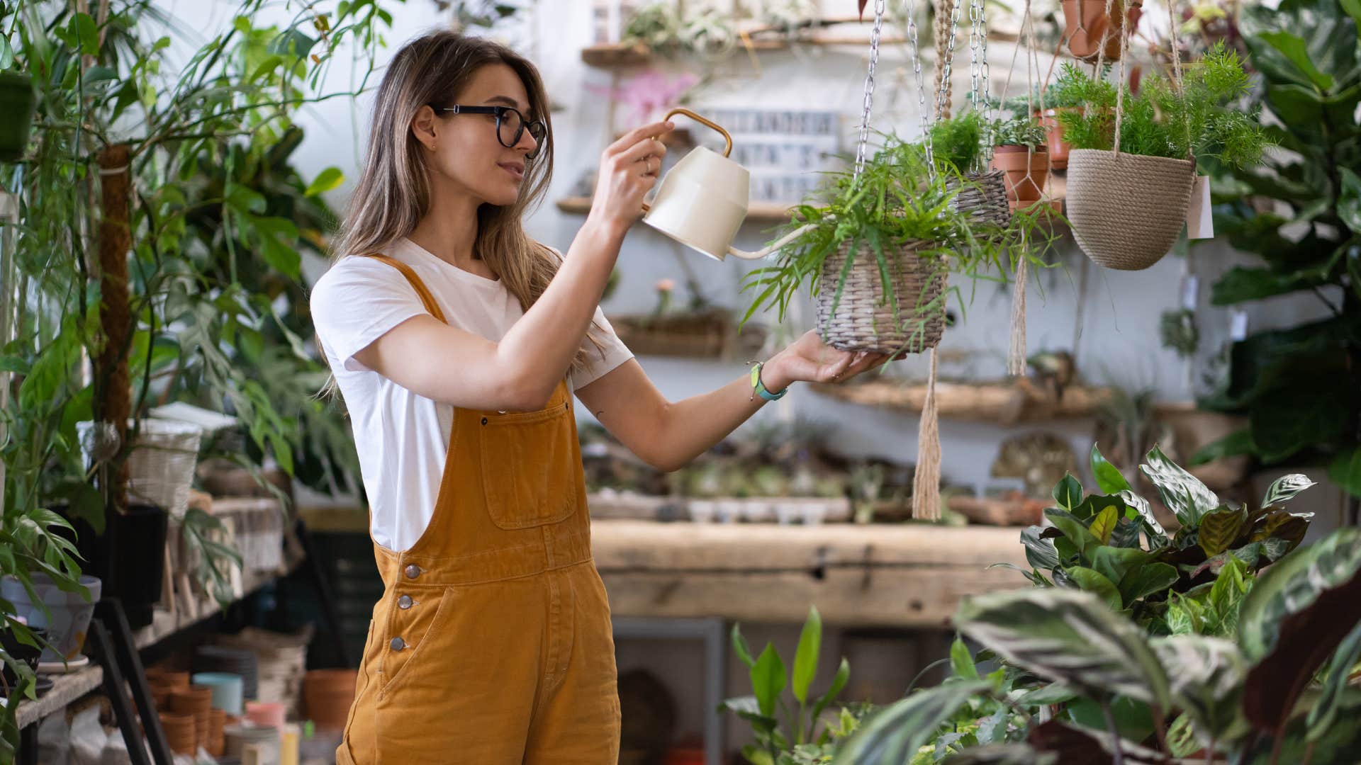 woman watering dying houseplants