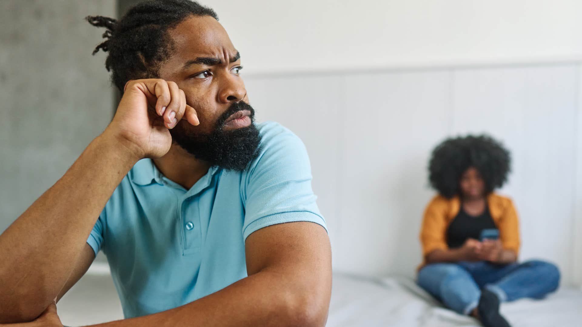Man saying "I'm done begging for attention" to his wife.