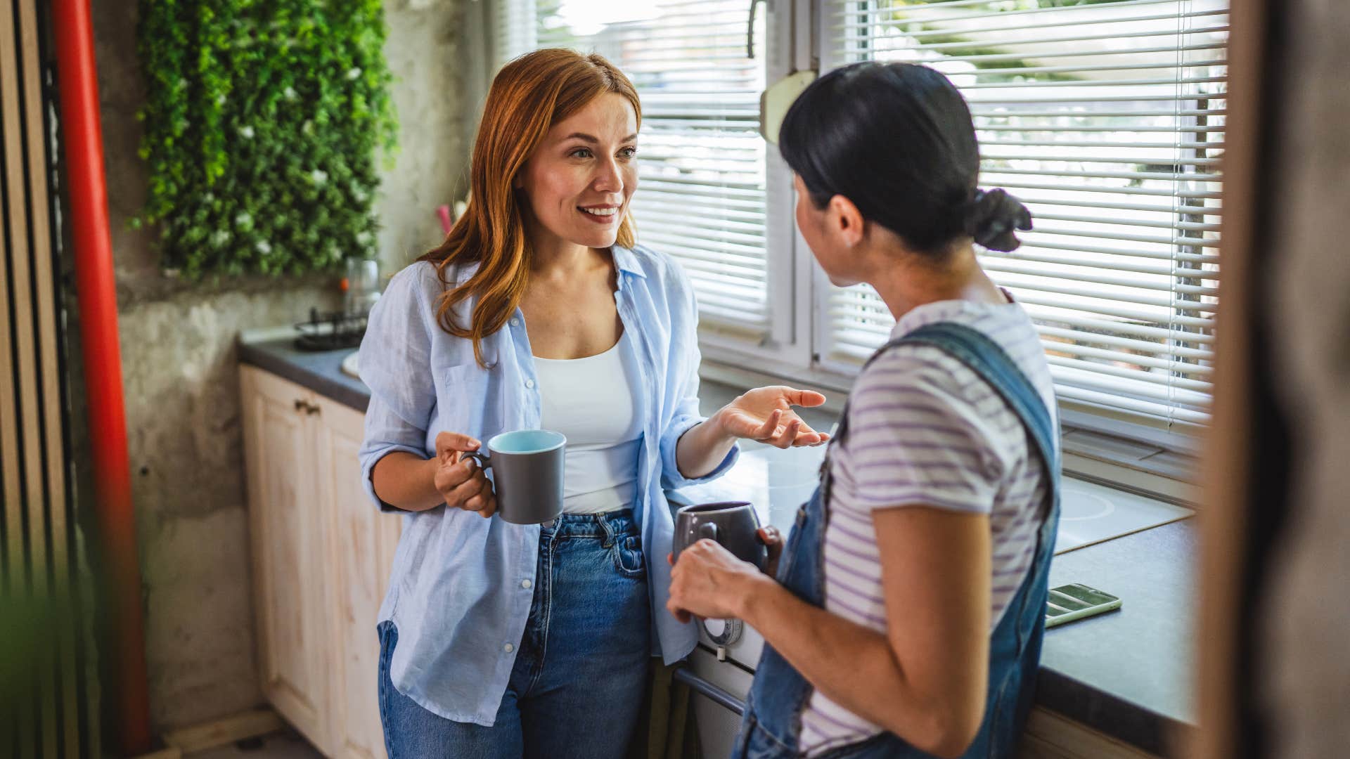 coworker with unexpected passion chats woman's ear off as they chat over coffee