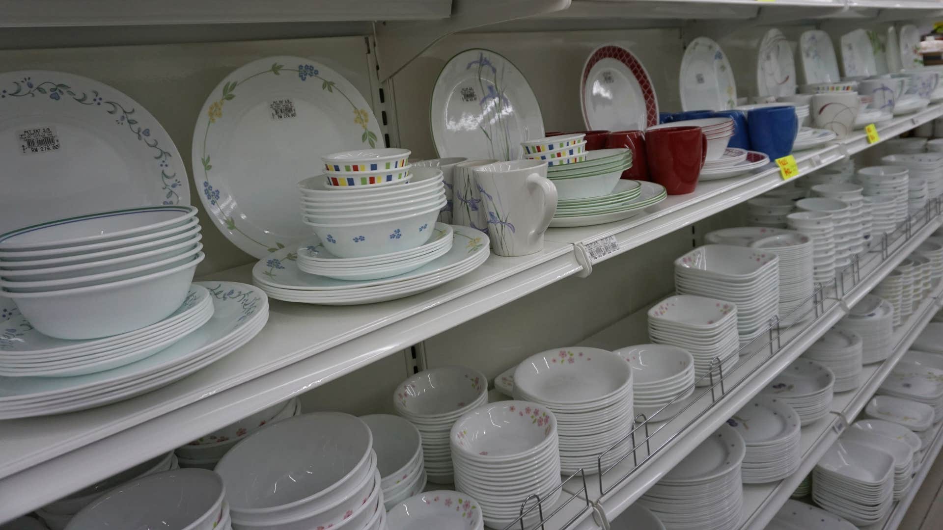 corelle dinnerware on shelves at discounted price