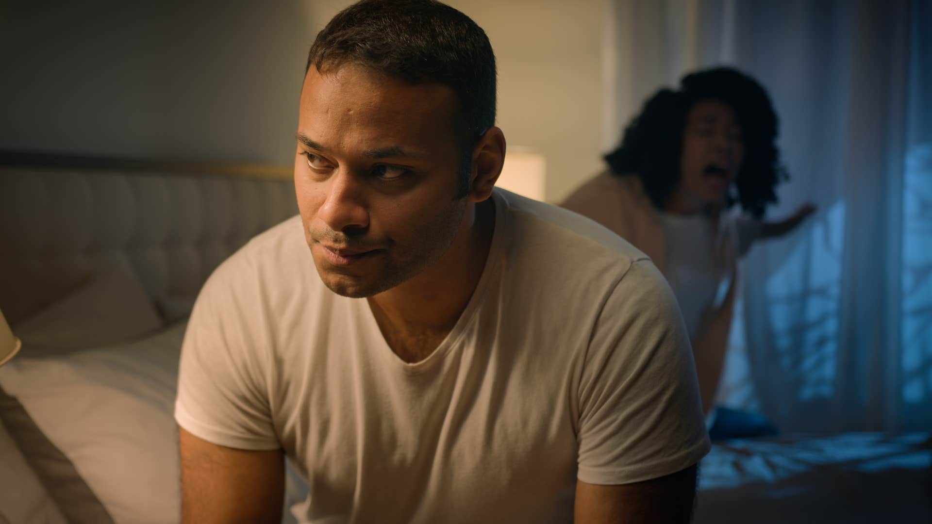 man with a dual personality turned away from woman
