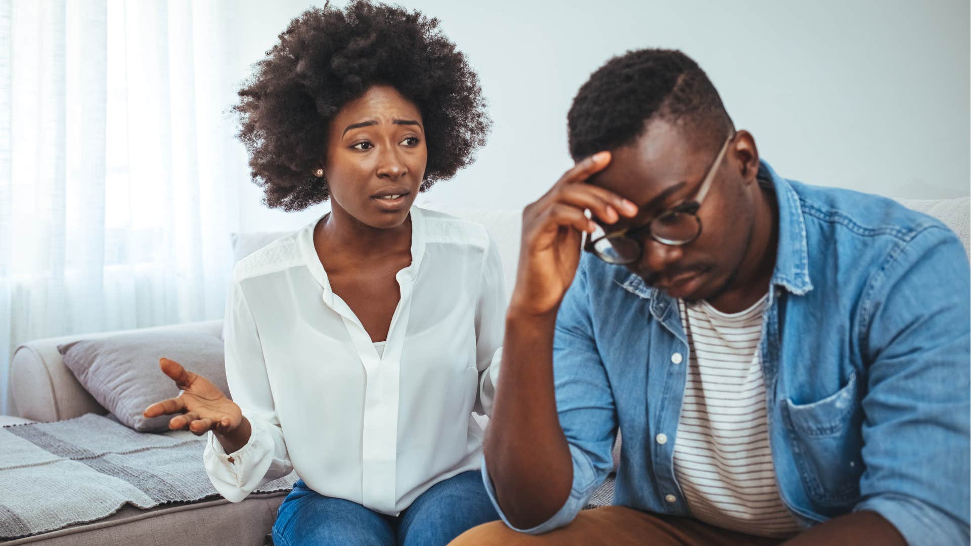 Woman who's always walking on eggshells comforting her upset husband.