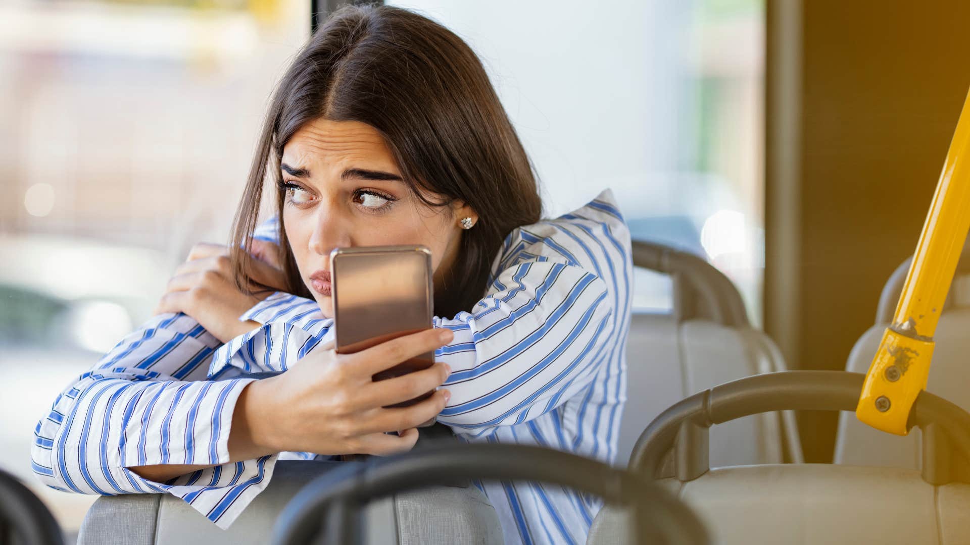 woman feeling drained after being with friends sitting on a bus