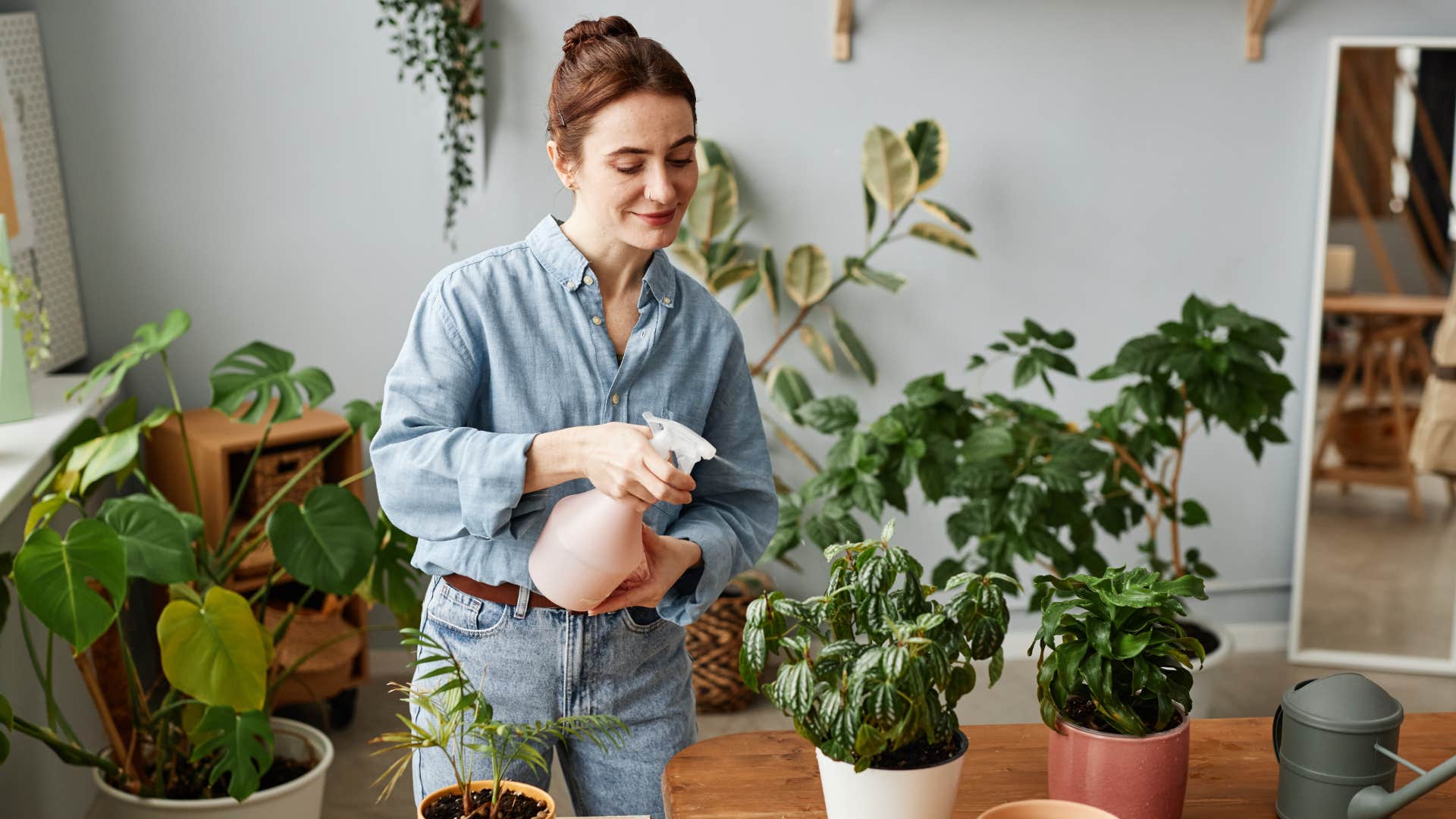 woman who is naturally happy watering her plants