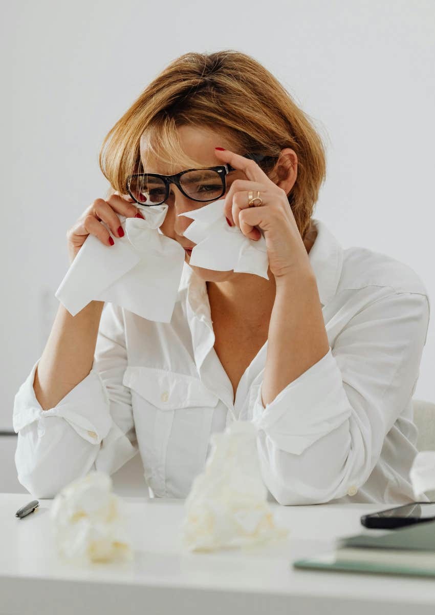 woman crying at work