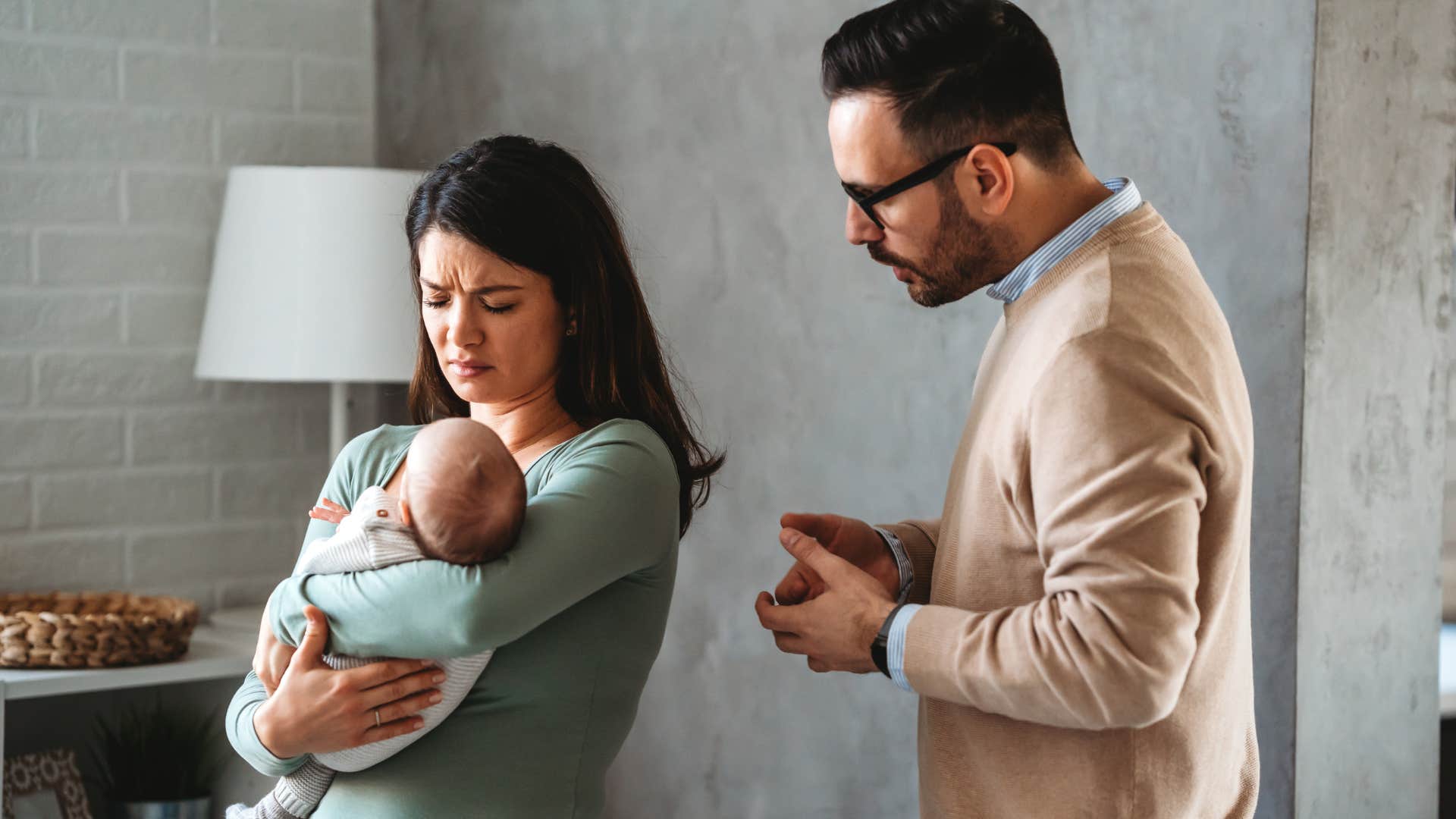 Man saying "I can't babysit tonight" to his wife.