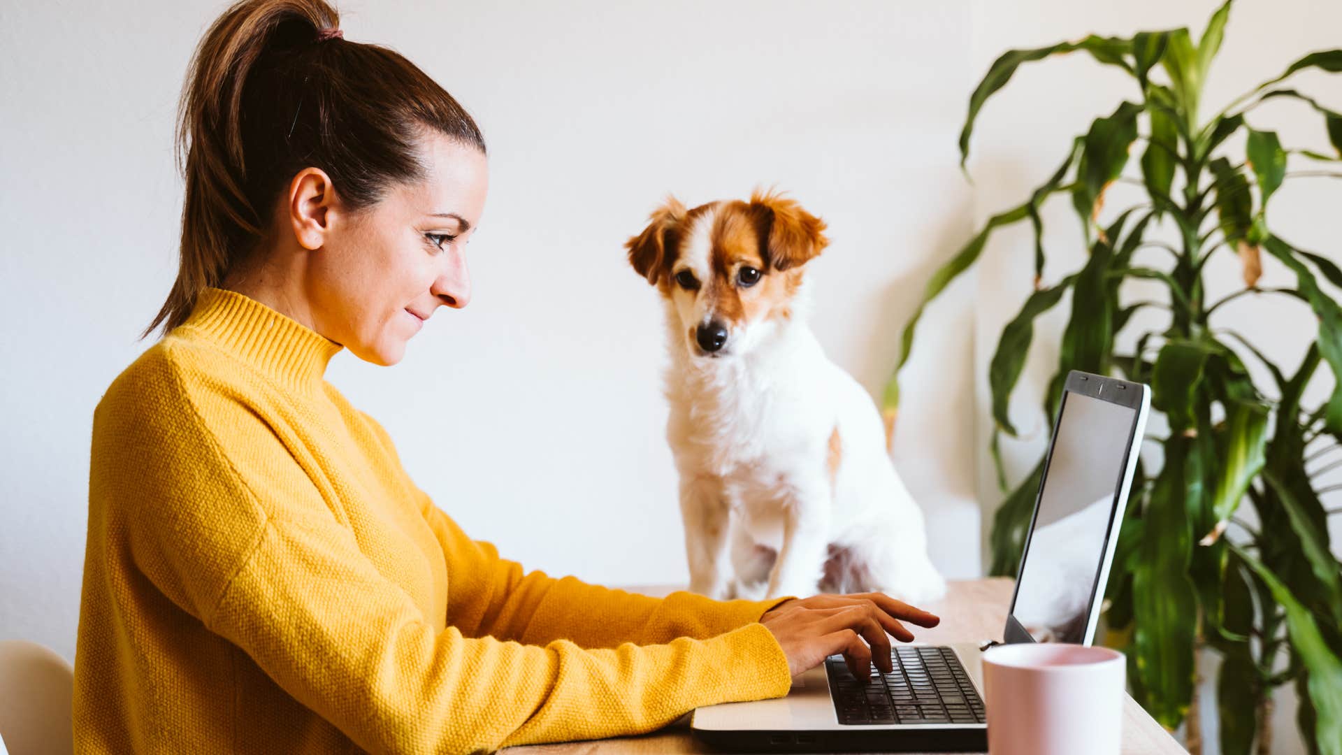 Woman with thriving plants and pets working at home.