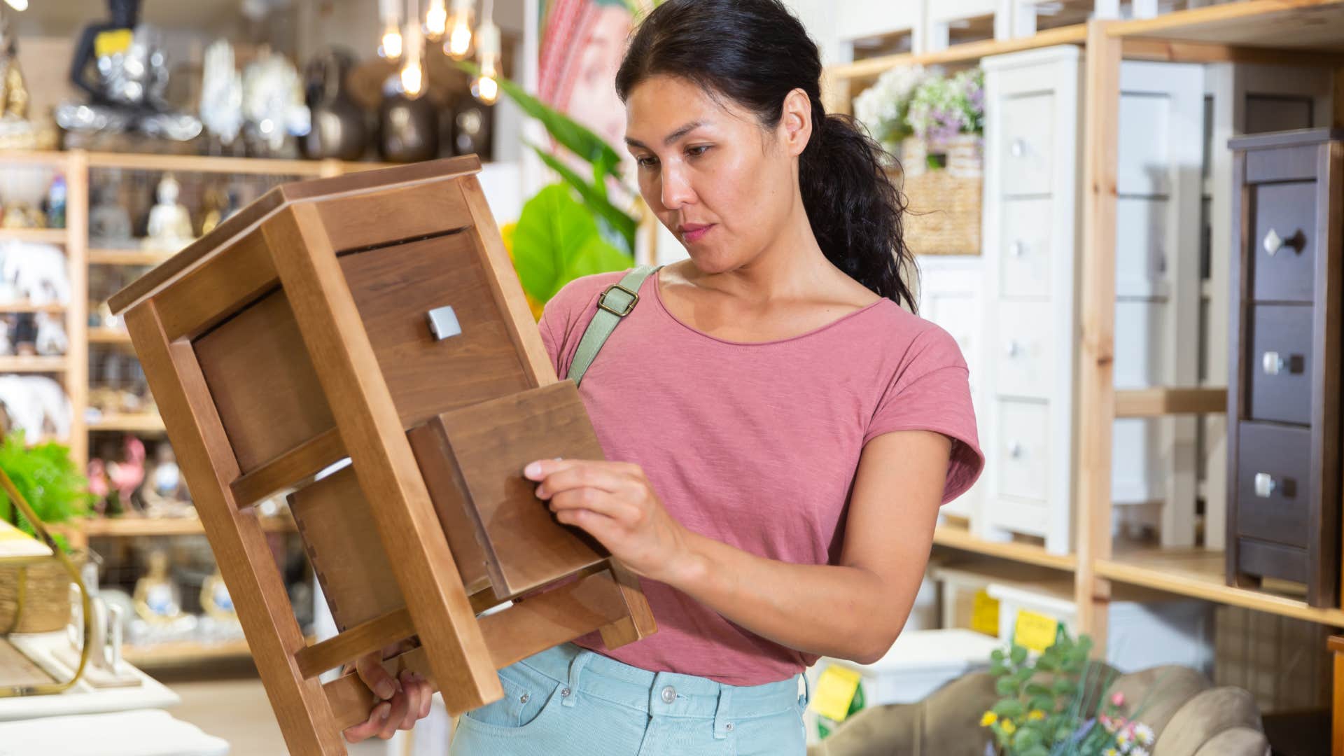 woman looking at furniture in thrift store