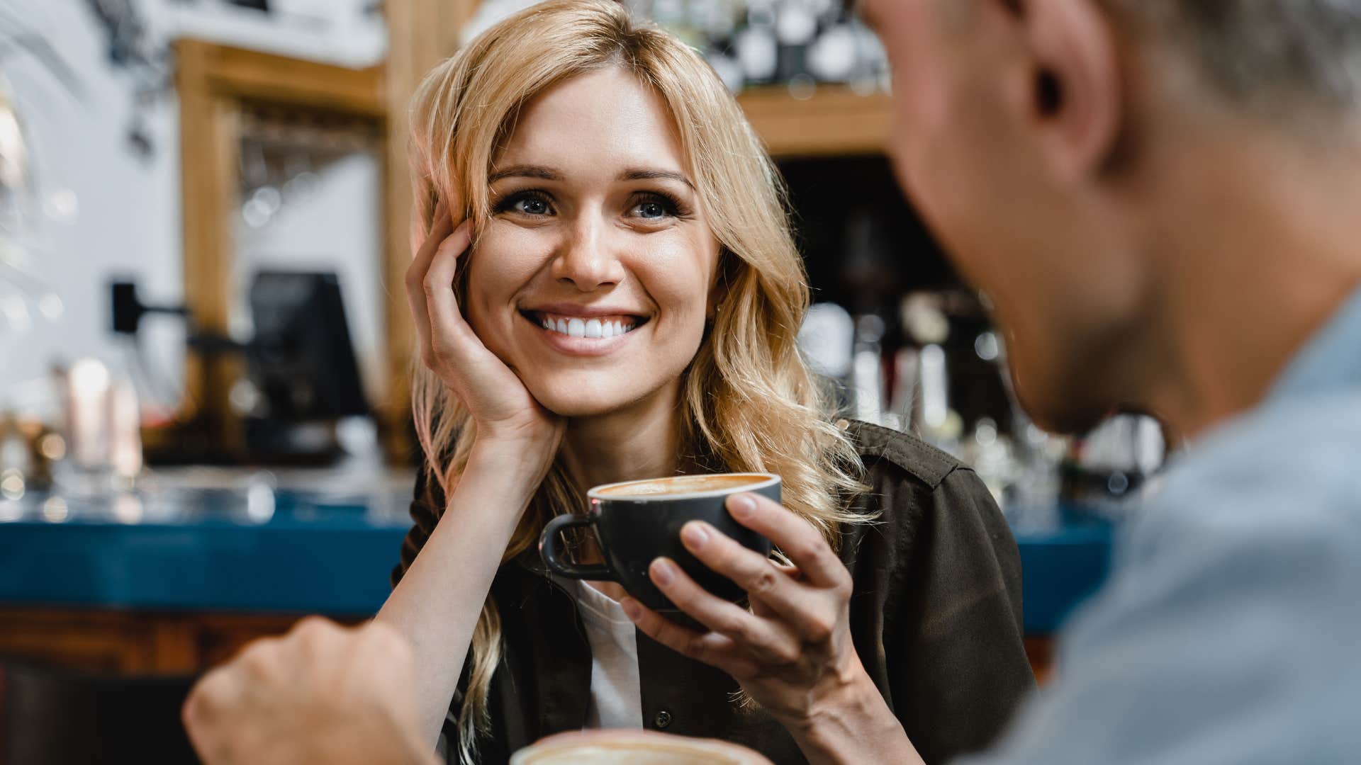 woman who's subtly romantic talking to her husband