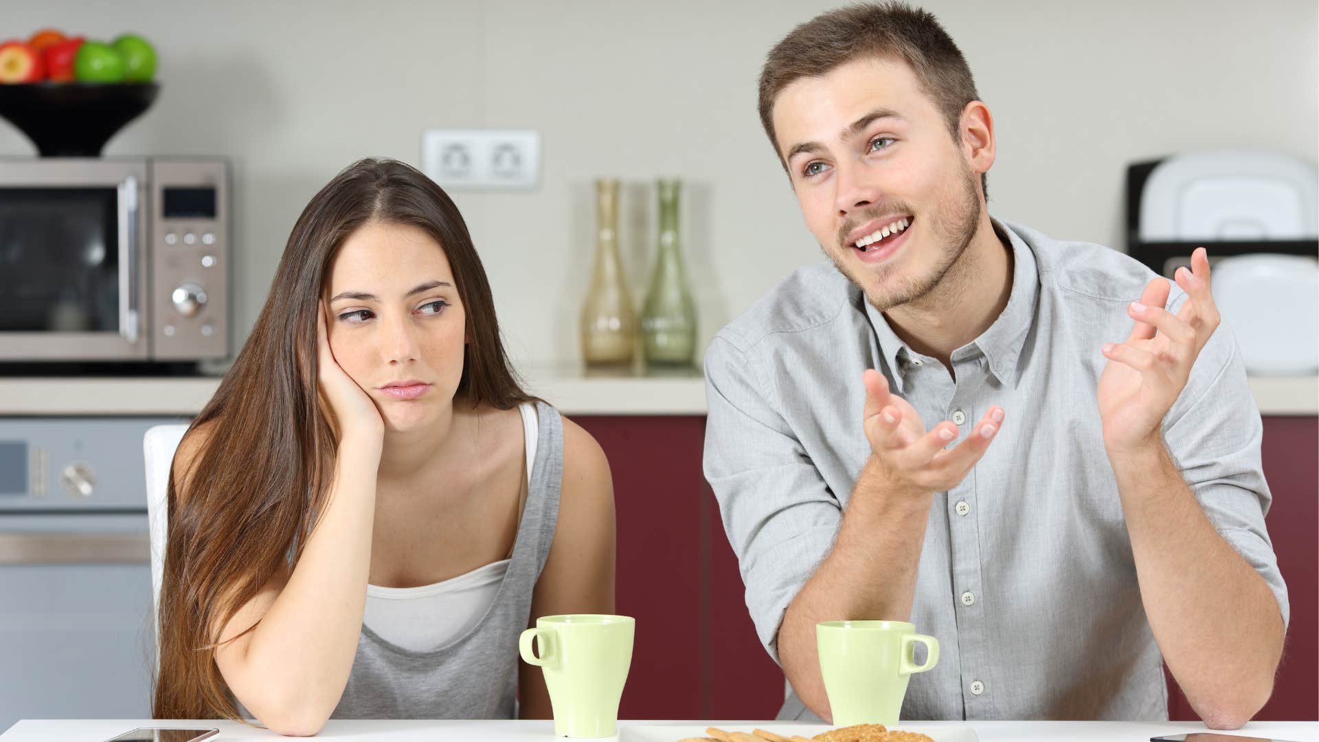 man overusing humor to avoid vulnerability with his wife