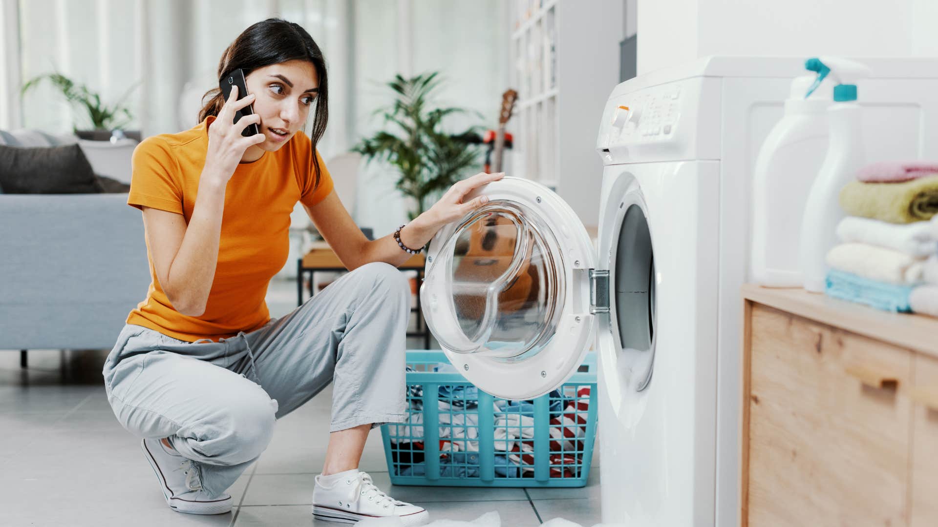 frugal woman saying washing machine still works