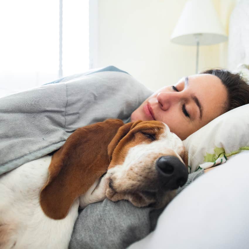 woman who is learning from animal how to breathe and relax