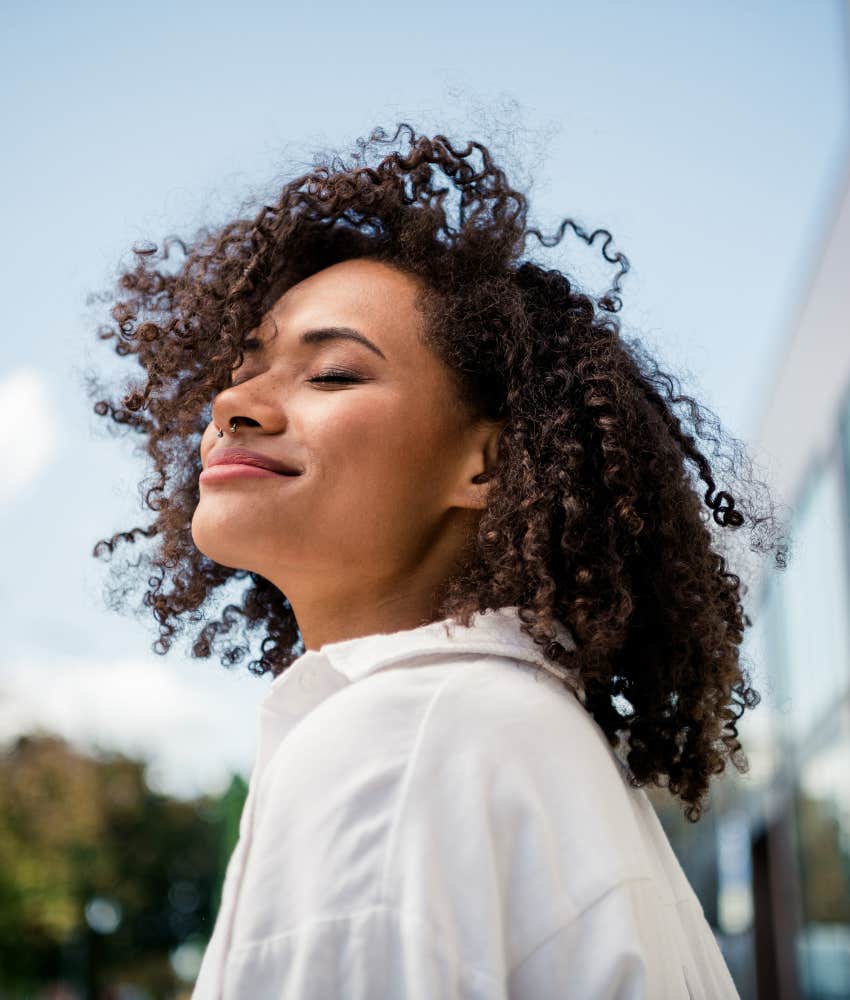 Positive person smiles
