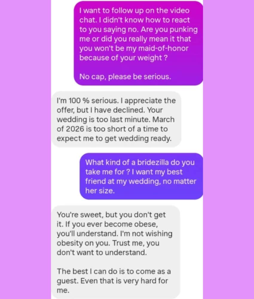 bride heartbroken her best friend refused to be maid of honor because of her weight Reddit