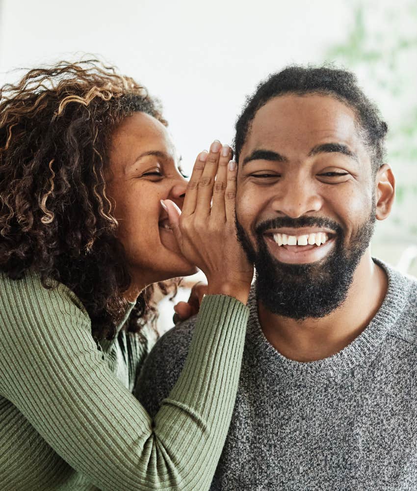 Man lights up listening to woman's joke