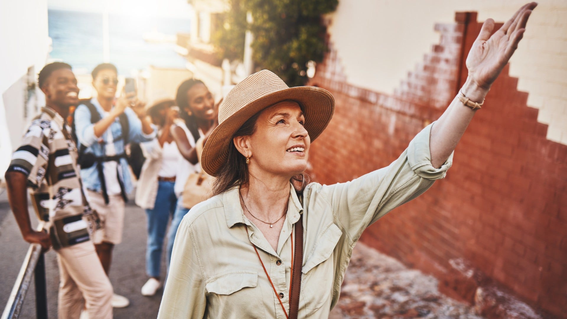 couple who are too tired to travel as they take guided tour in city