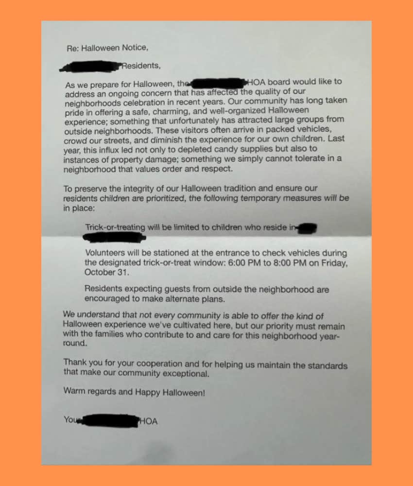HOA Tells Residents Halloween Is Restricted To Kids Who Live There HOA Tells Residents Halloween Is Restricted To Kids Who Live There Reddit