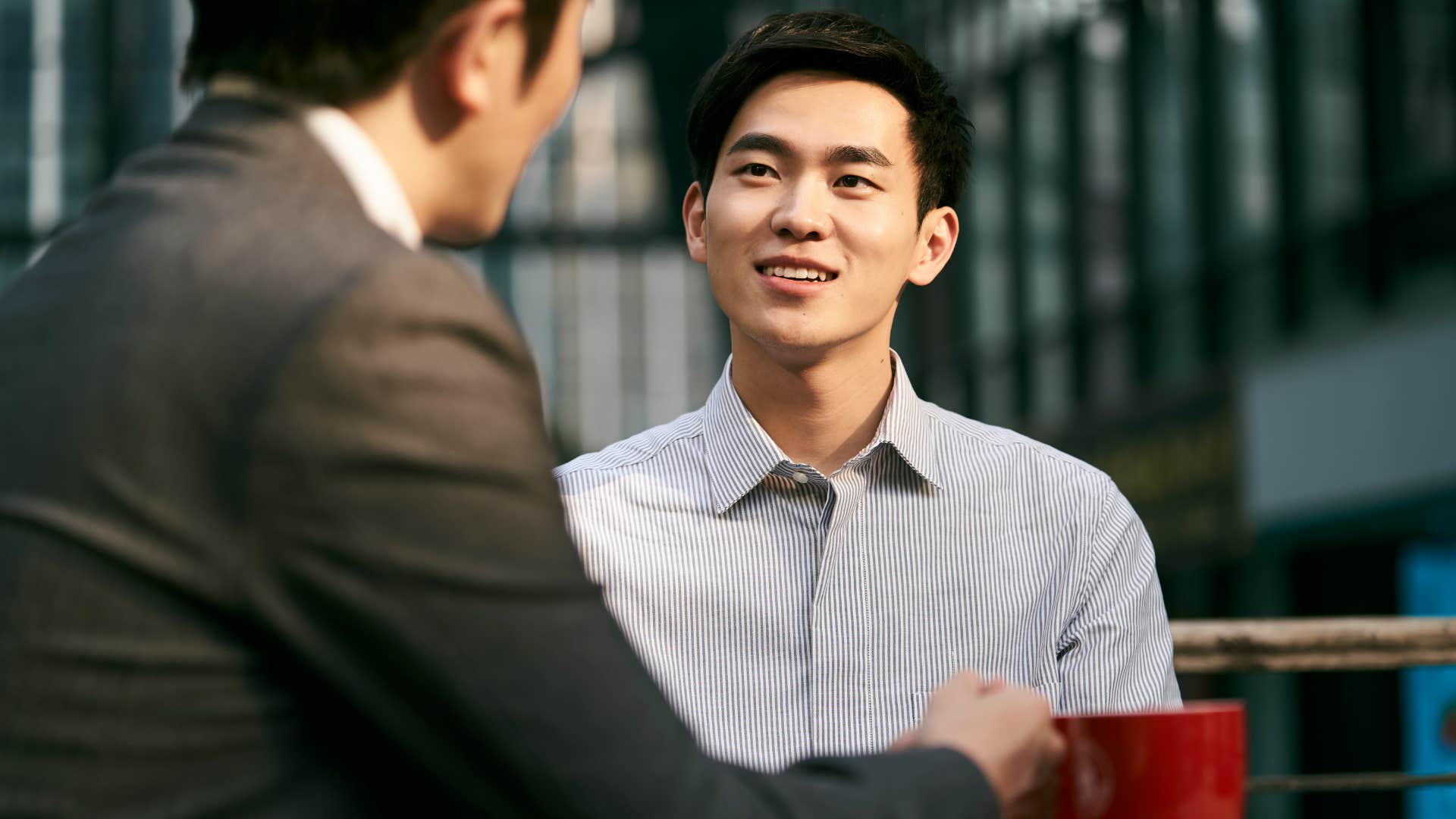 if someone who doesn't like you is too polite to admit it, they'll start saying these things casually i didn't expect that from you two corporate men having conversation outside