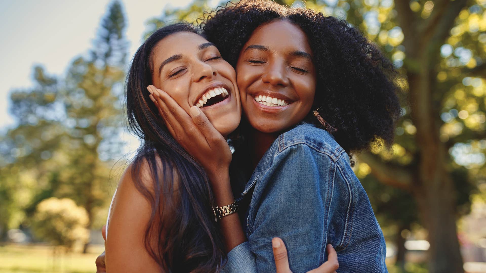 best friends who dislike gossip hugging each other